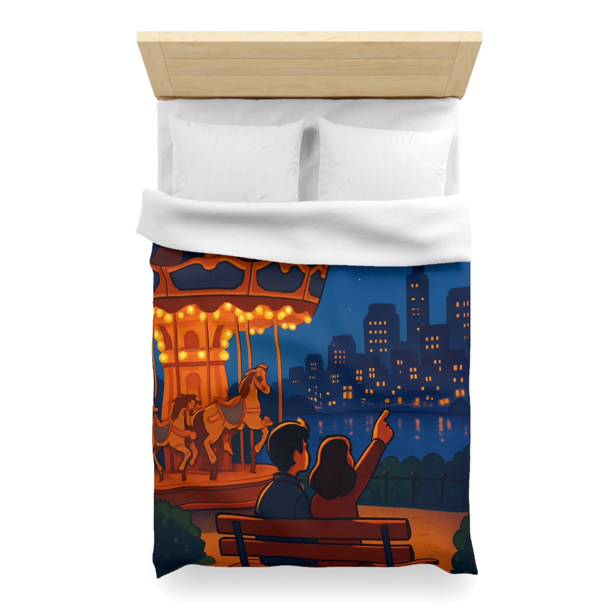 Housse de couette céleste avec carrousel lumineux et paysage urbain étoilé