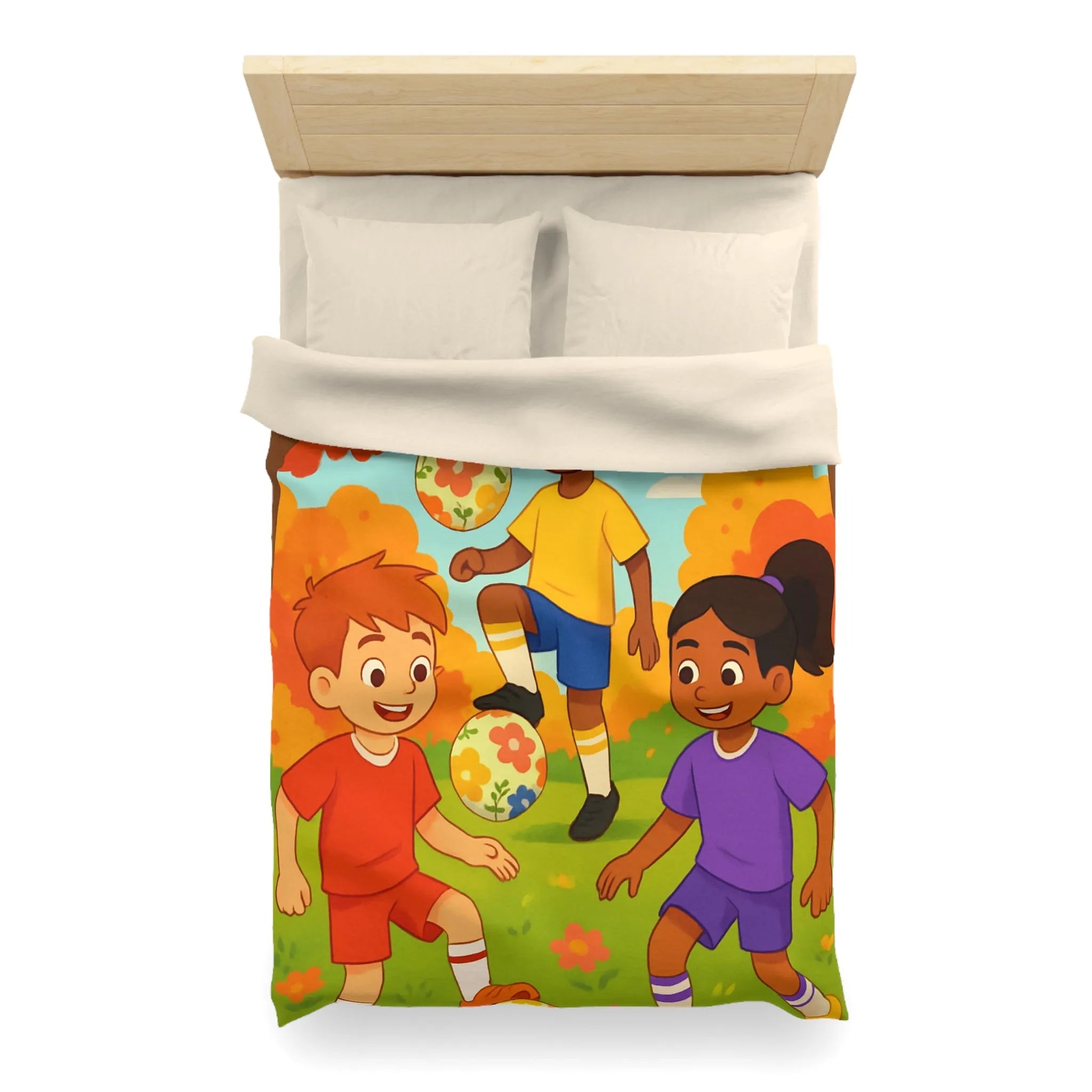 Housse de Couette Enfant Animée, Jeu de Ballon en Automne aux Couleurs Vives