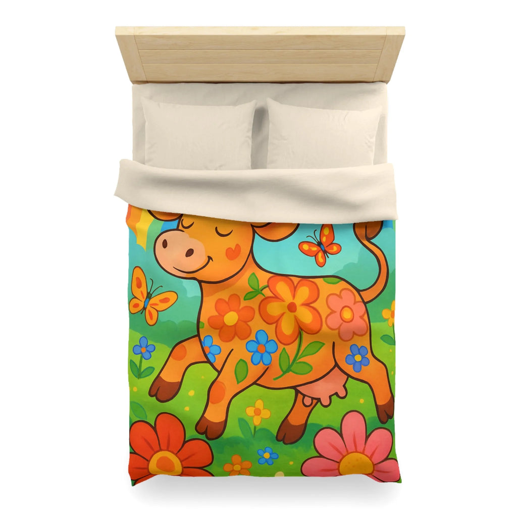 Housse de Couette Enfant Joyeuse Vache Orange Sous Arc-en-Ciel et Papillons Colorés