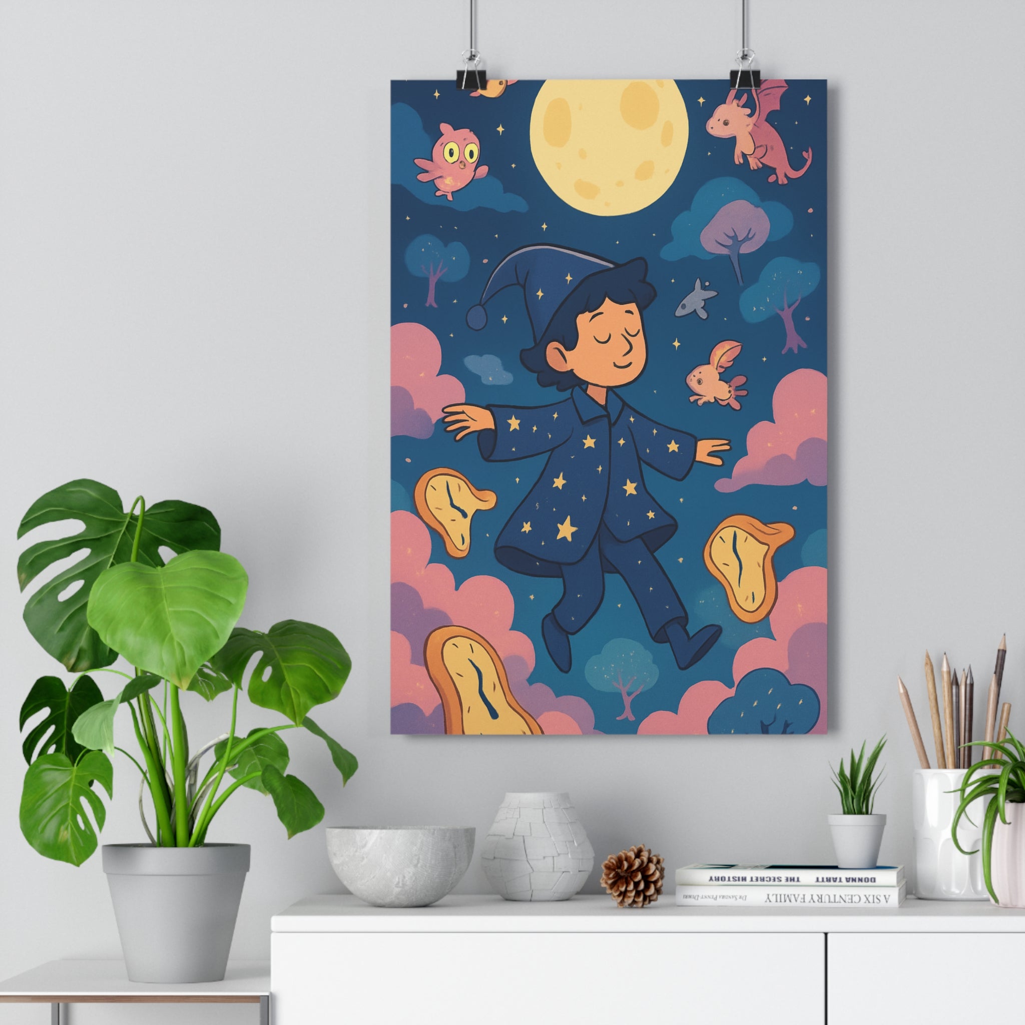 Poster décoratif surréaliste ciel nocturne rêve mystique enfant chambre couleurs vives pyjama étoilé ambiance