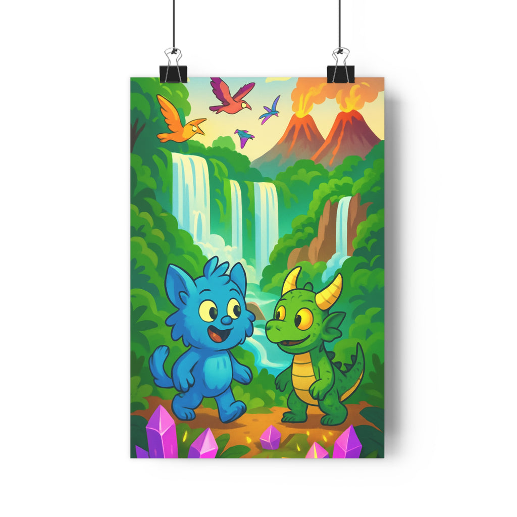 Poster décoratif tropical animé bleu vert joyeux aventurier enfant cascade magique paysage créature fantaisie