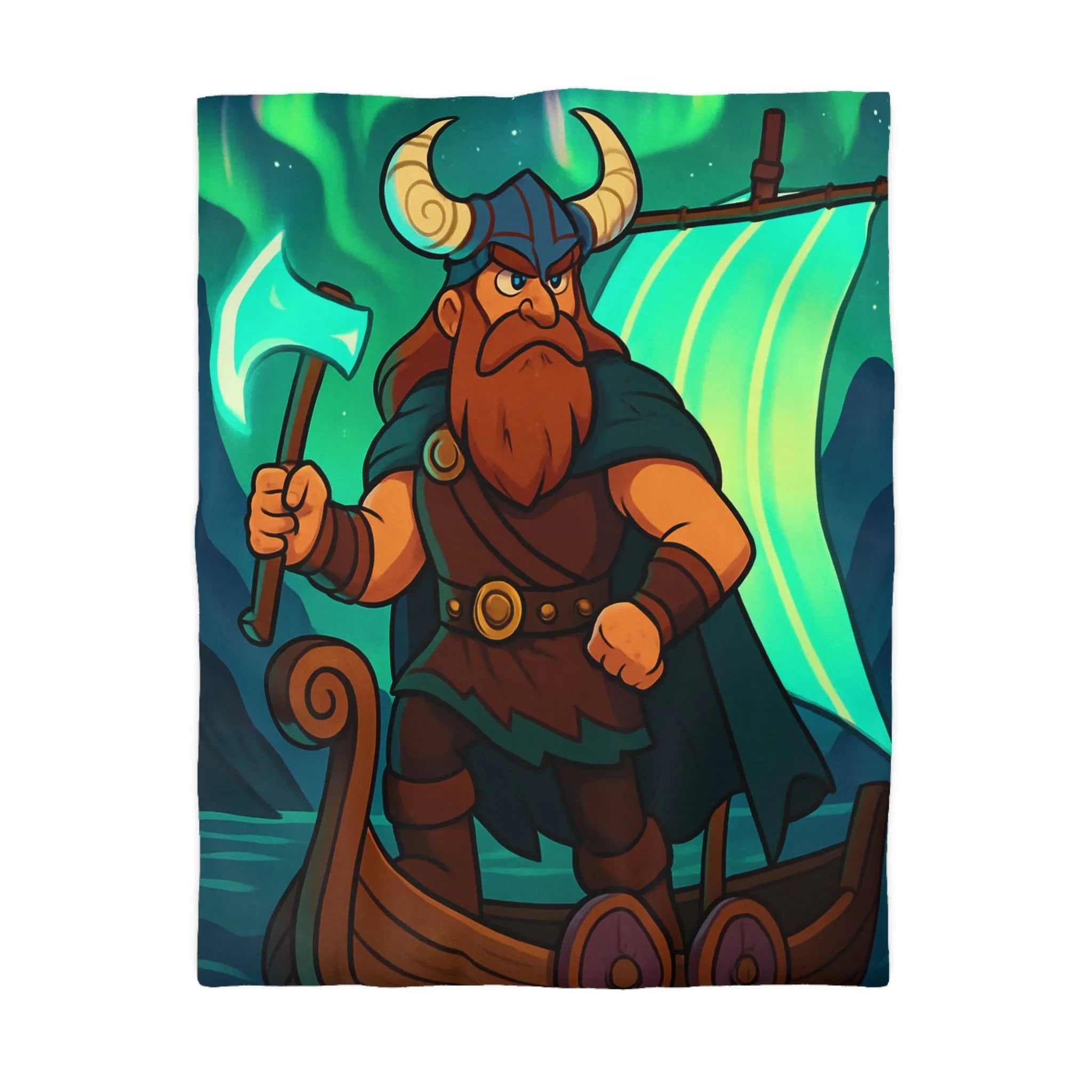 Housse de couette épique viking avec aurore boréale et bateau en pleine mer