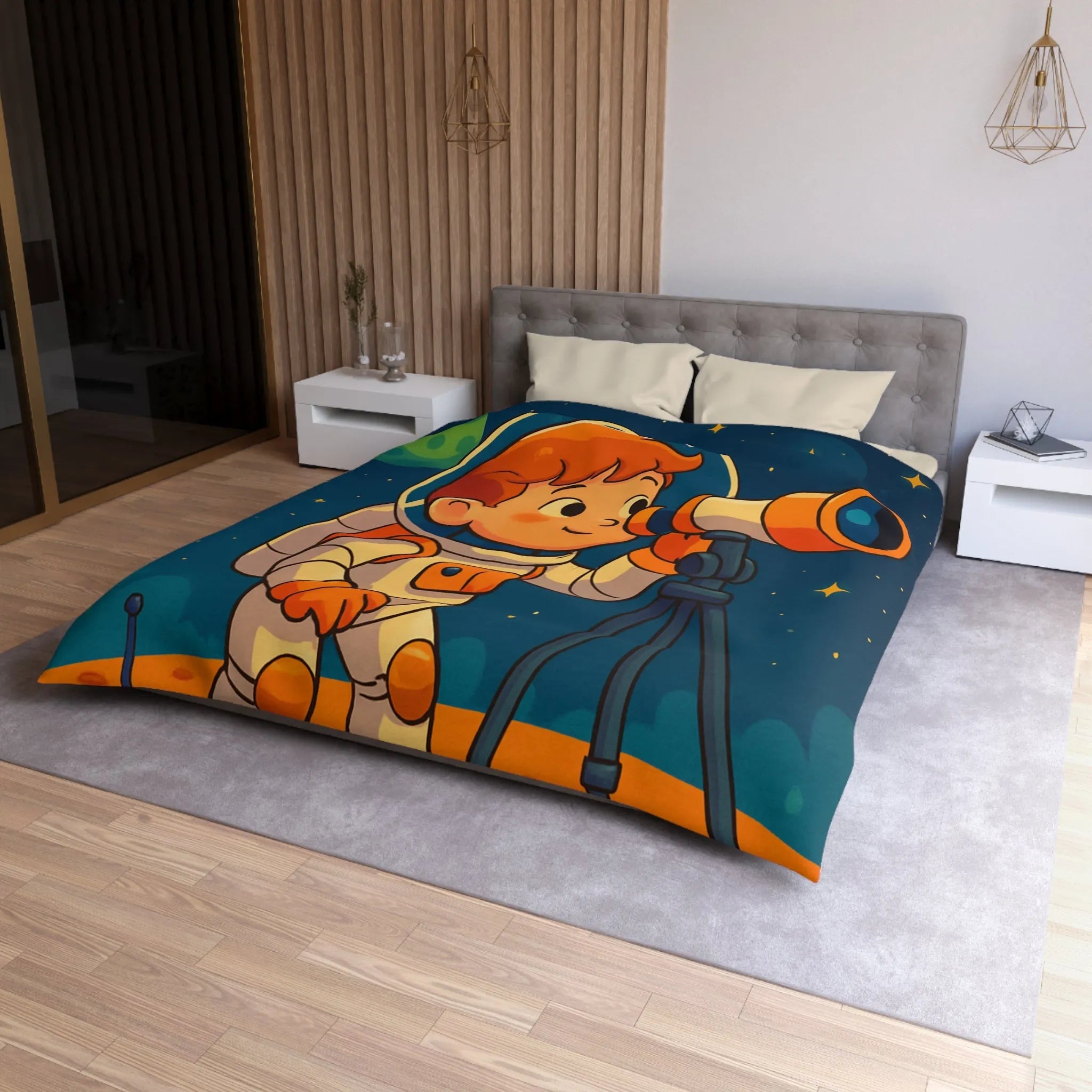 Housse couette enfant astronaute explorant planètes avec télescope carte étoilée
