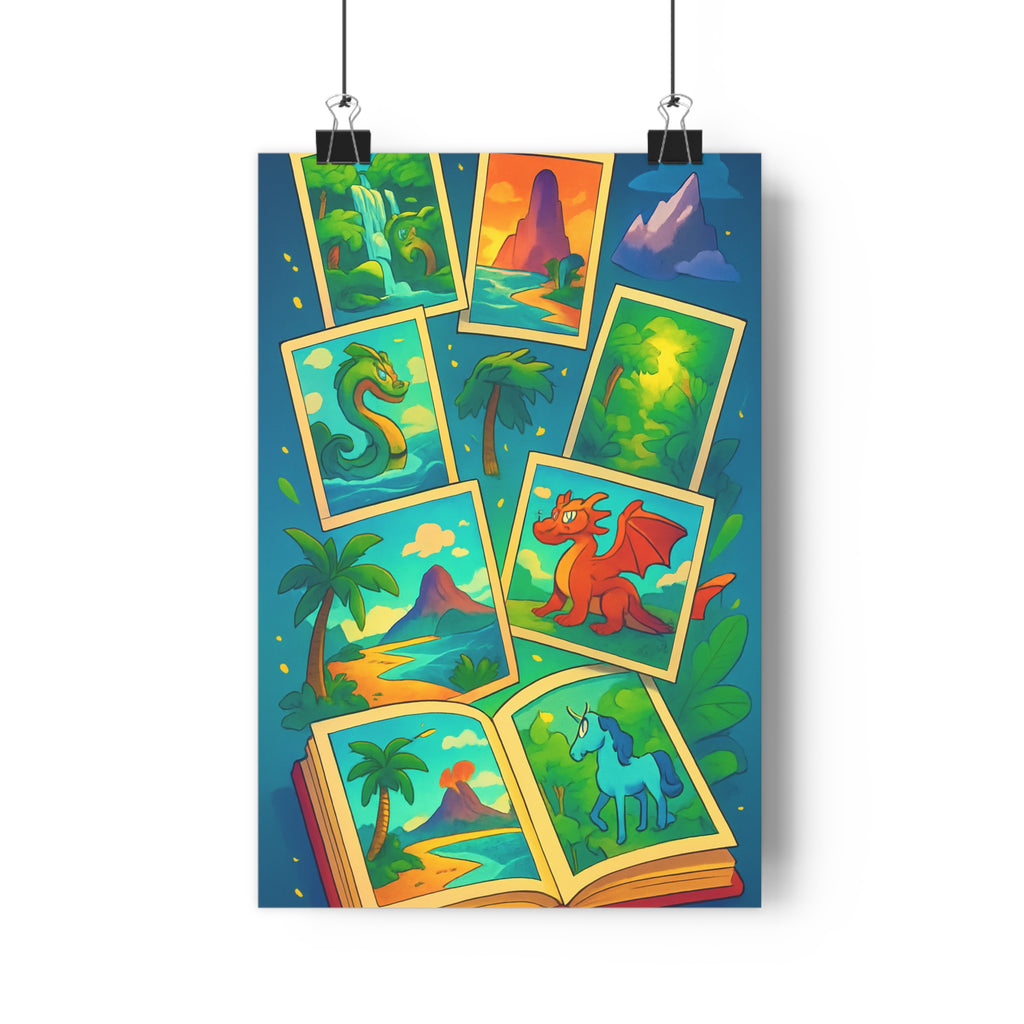Poster décoratif aventure mystique coloré enfant vibrant exploration fantastique chambre magique cascade créature dynamique