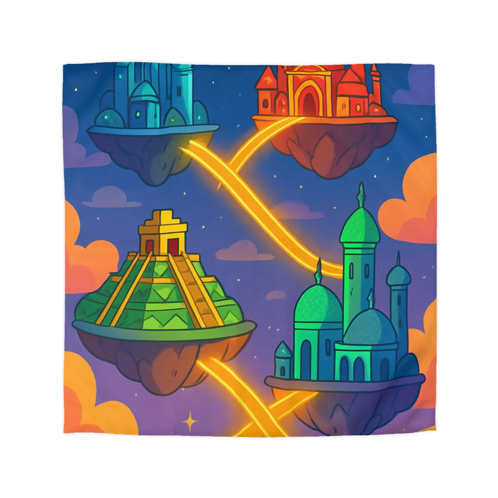 Housse de couette colorée avec design fantastique de villes flottantes lumineuses et oniriques