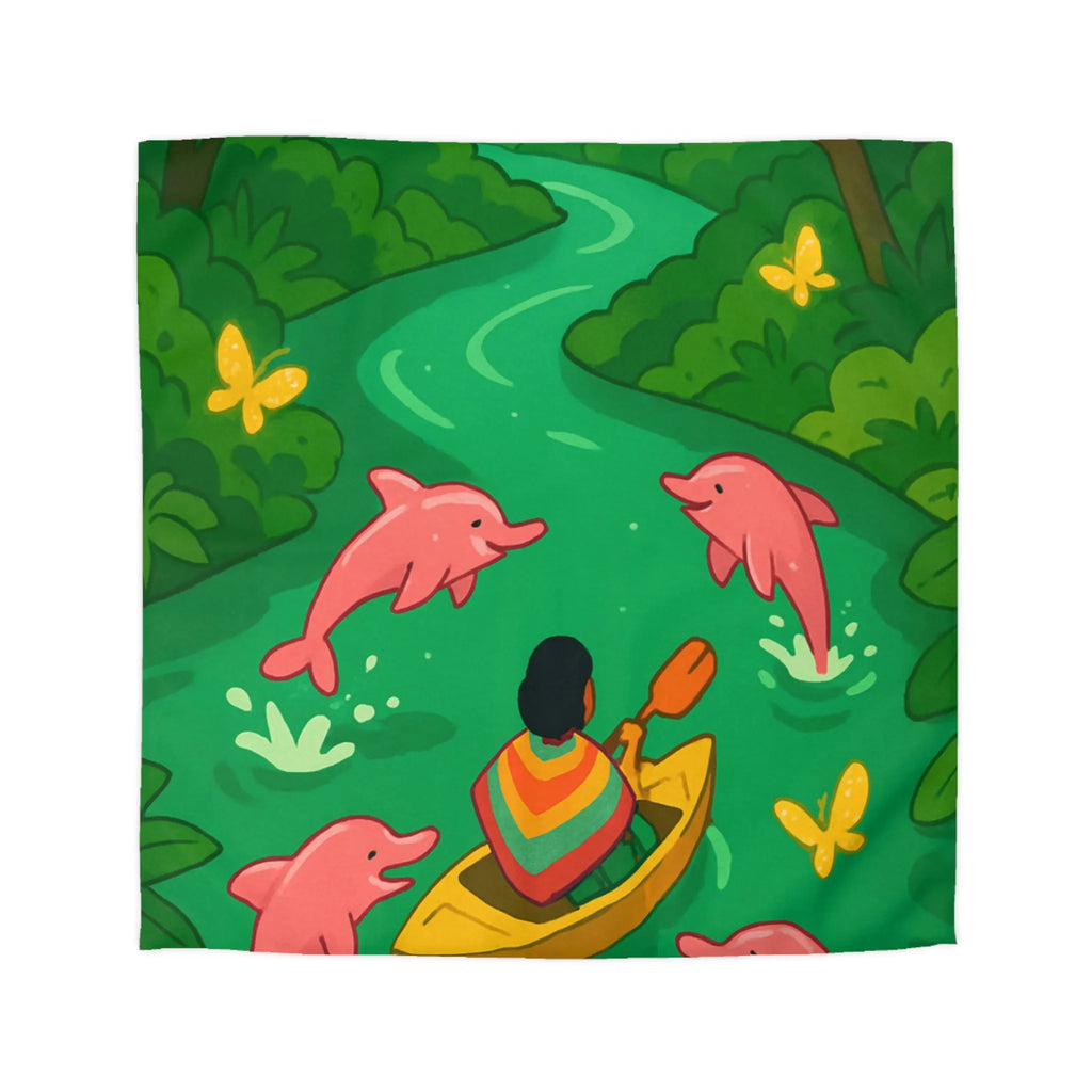 Housse de couette colorée avec dauphins roses et canoë dans une forêt tropicale