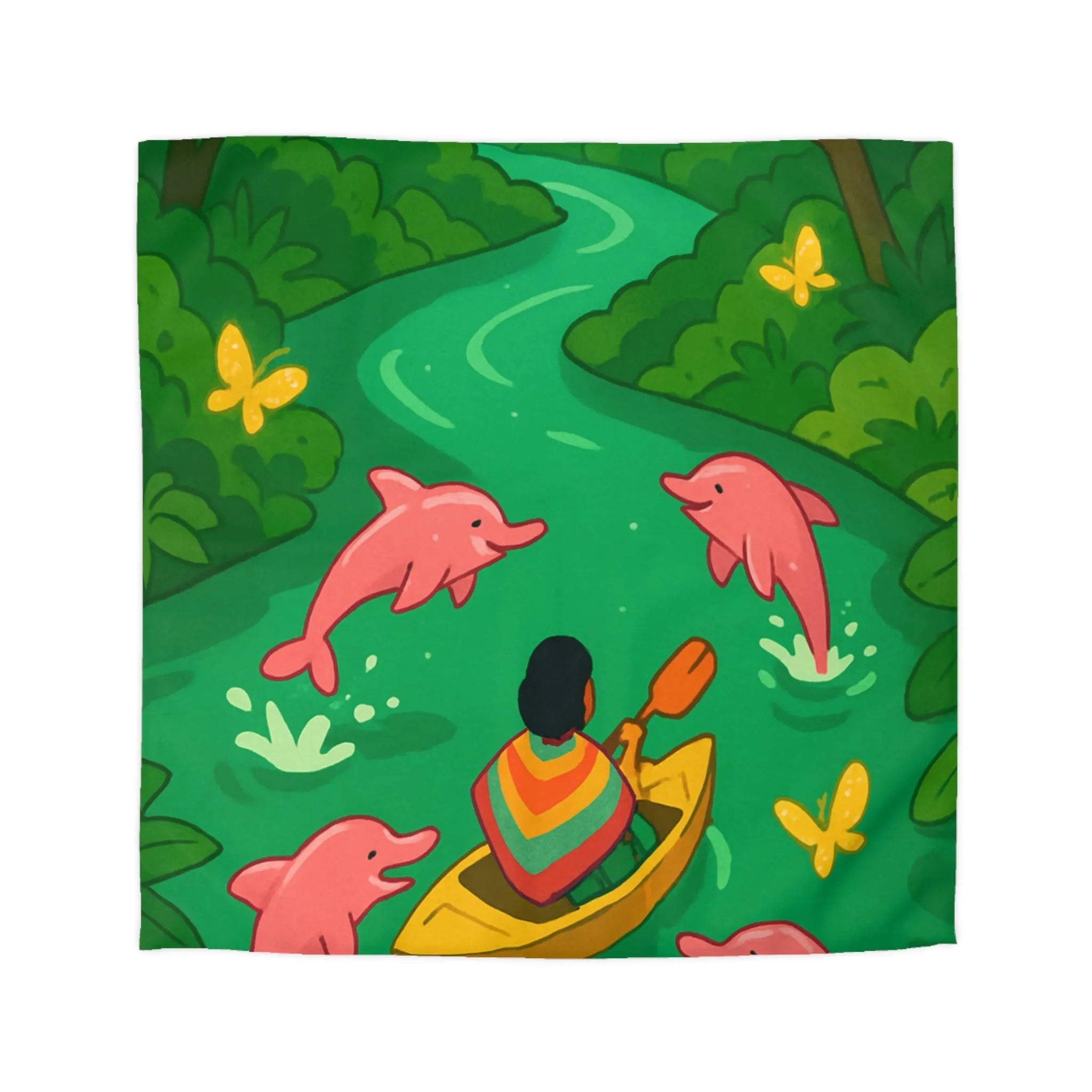 Housse de couette colorée avec dauphins roses et canoë dans une forêt tropicale