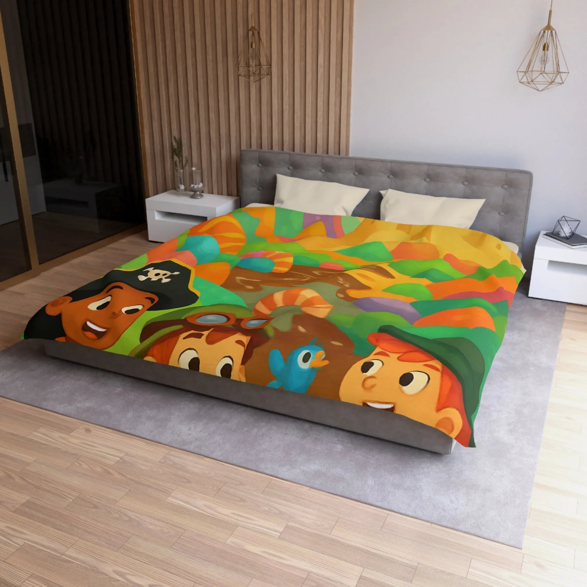 Housse de couette ludique pour enfants avec château et aventuriers aux couleurs vives