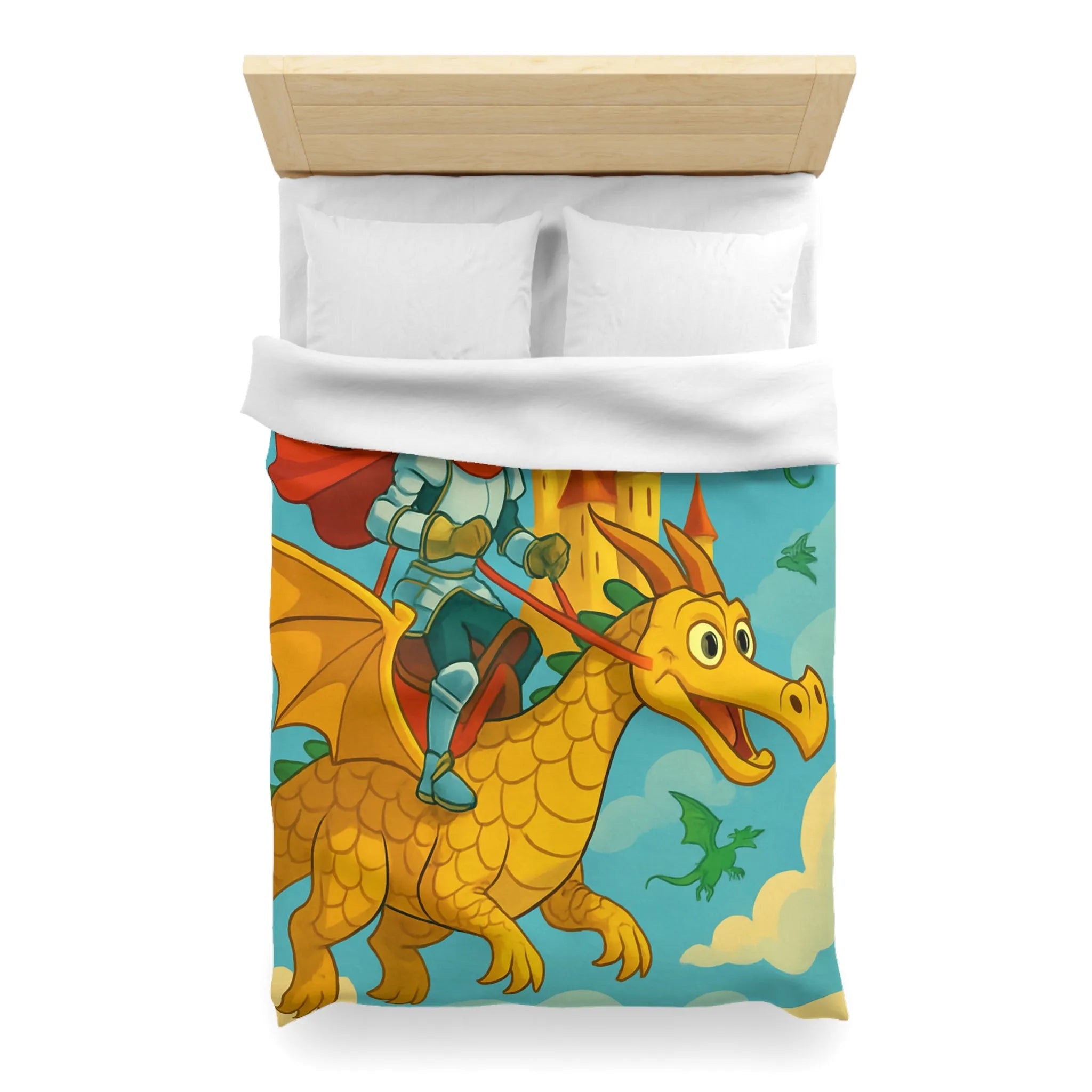 Housse de couette avec chevalier courageux chevauchant un dragon doré au-dessus château fantastique