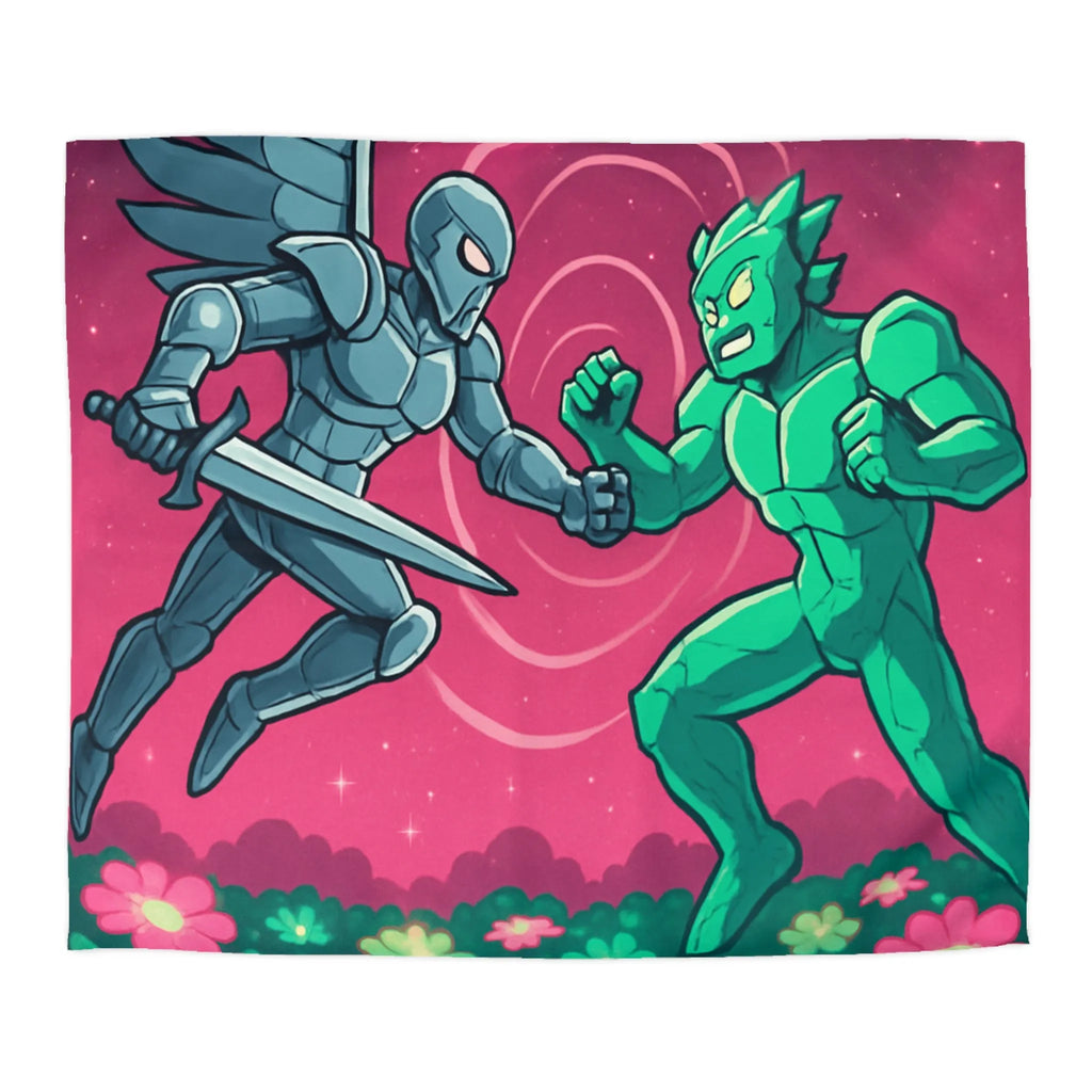 Housse de couette illustrée super-héros ailé avec scène de combat cosmique floral coloré