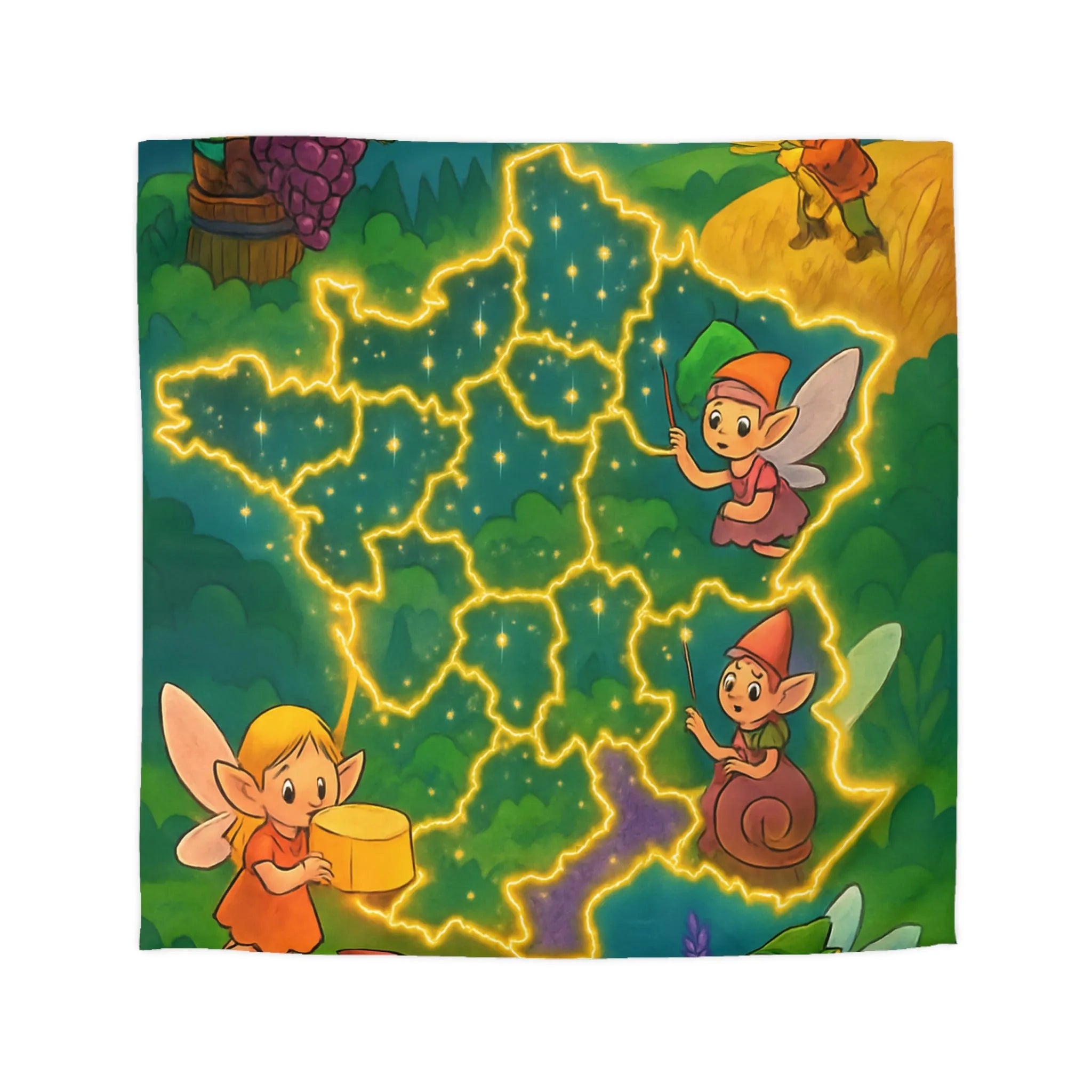 Housse de couette illustrée avec fées et lutins en carte de France enchantée