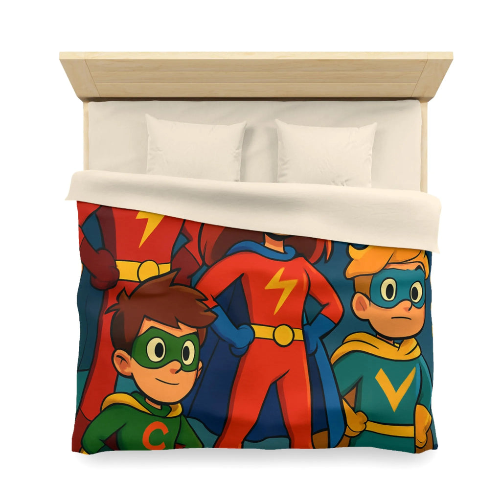 Housse de couette colorée super-héros pour enfants avec scène urbaine lumineuse et joyeuse