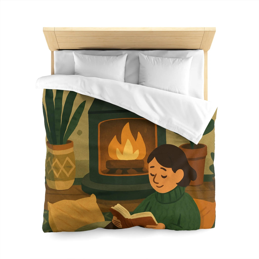 Housse de couette cosy avec cheminée et ambiance hygge, style scandinave relaxant