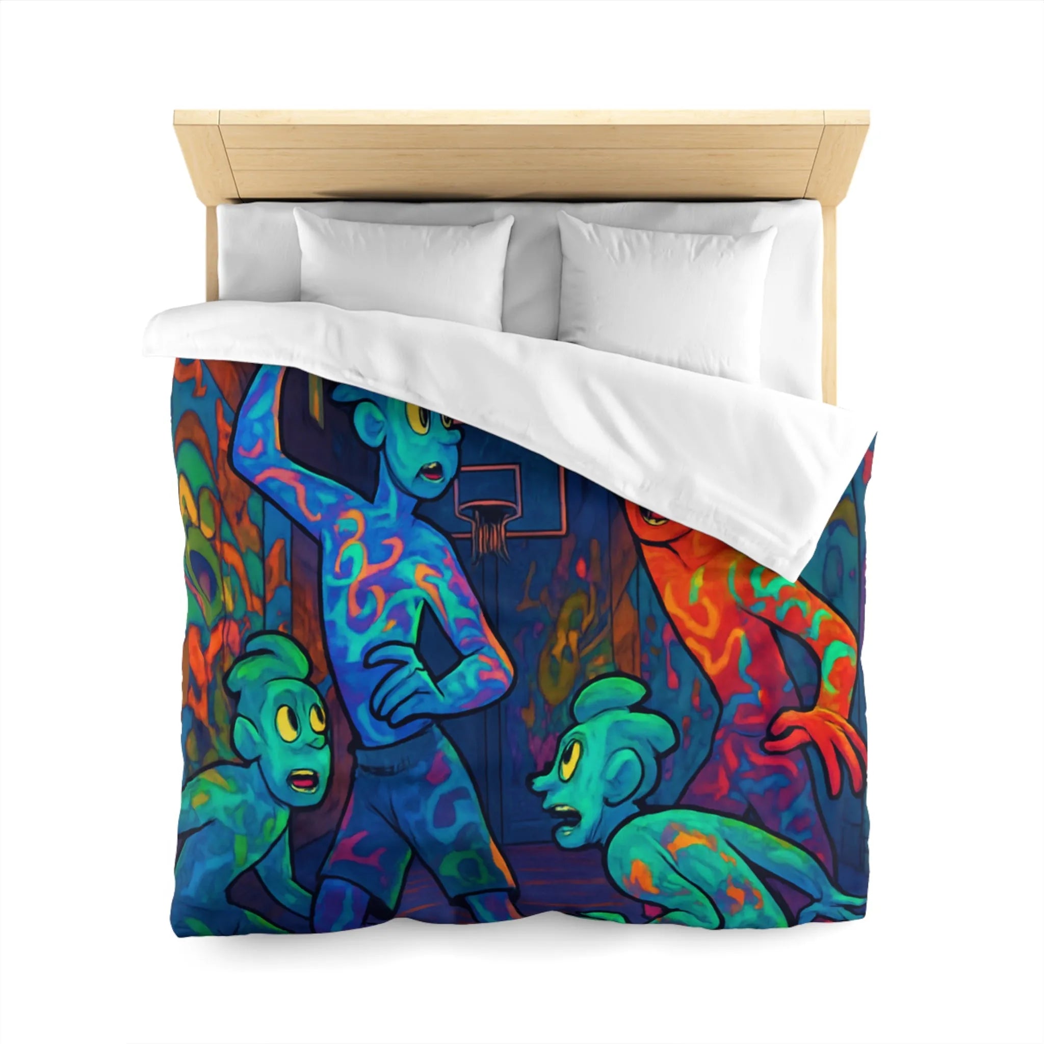 Housse de couette colorée avec personnages abstraits jouant au basket la nuit