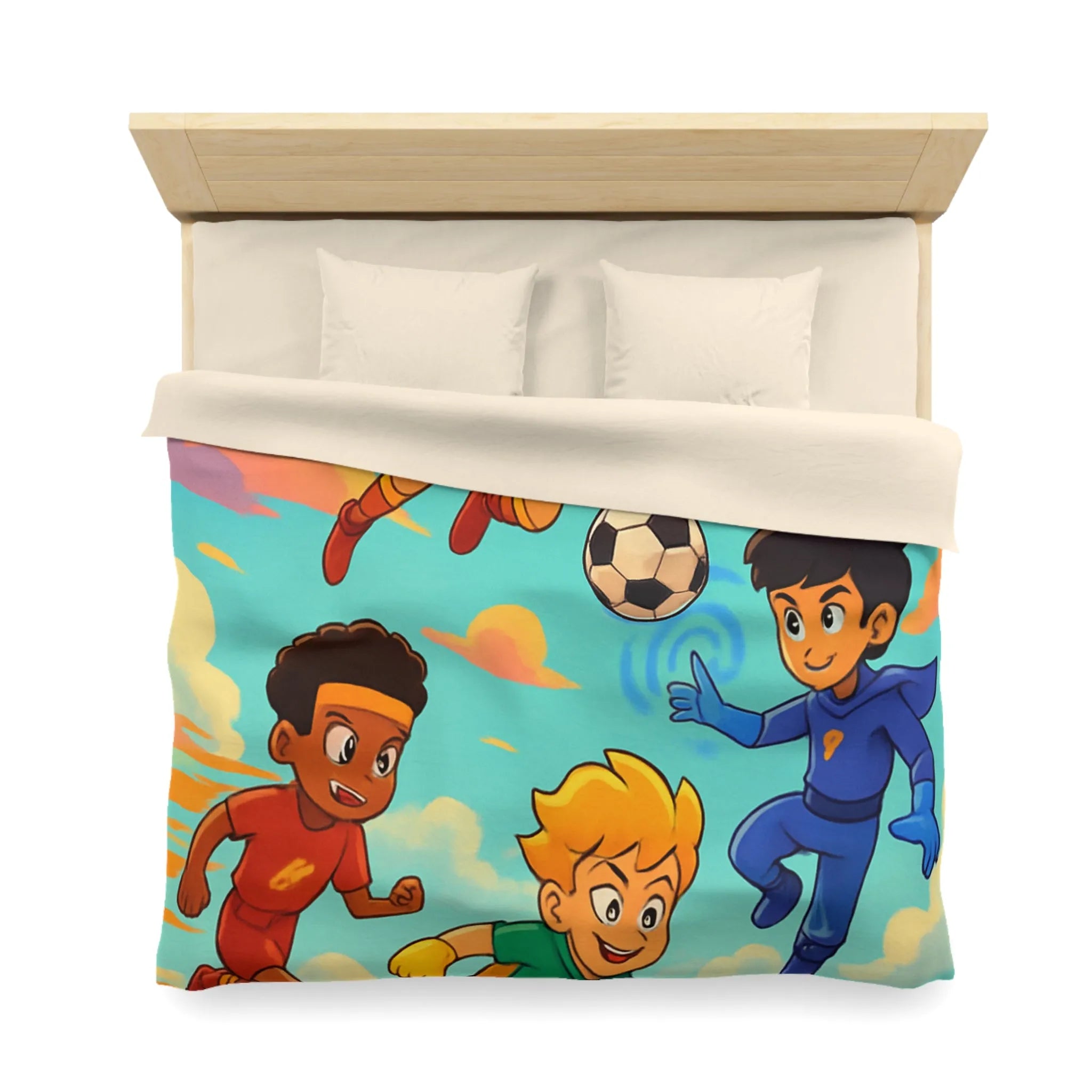 Housse de couette colorée avec enfants jouant au football dans un style cartoon céleste