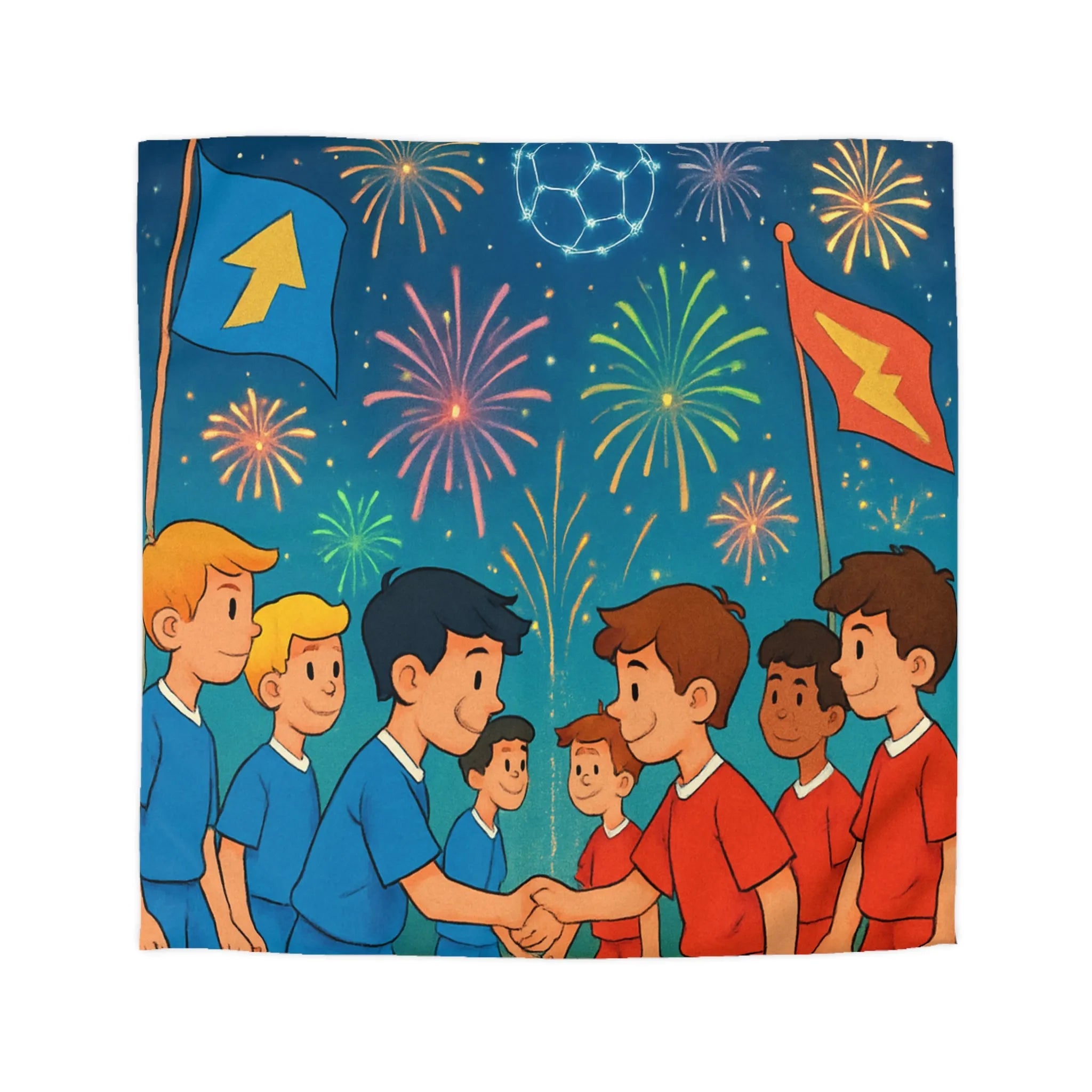 Housse de couette colorée inspirée du football avec feux d'artifice et équipe en action