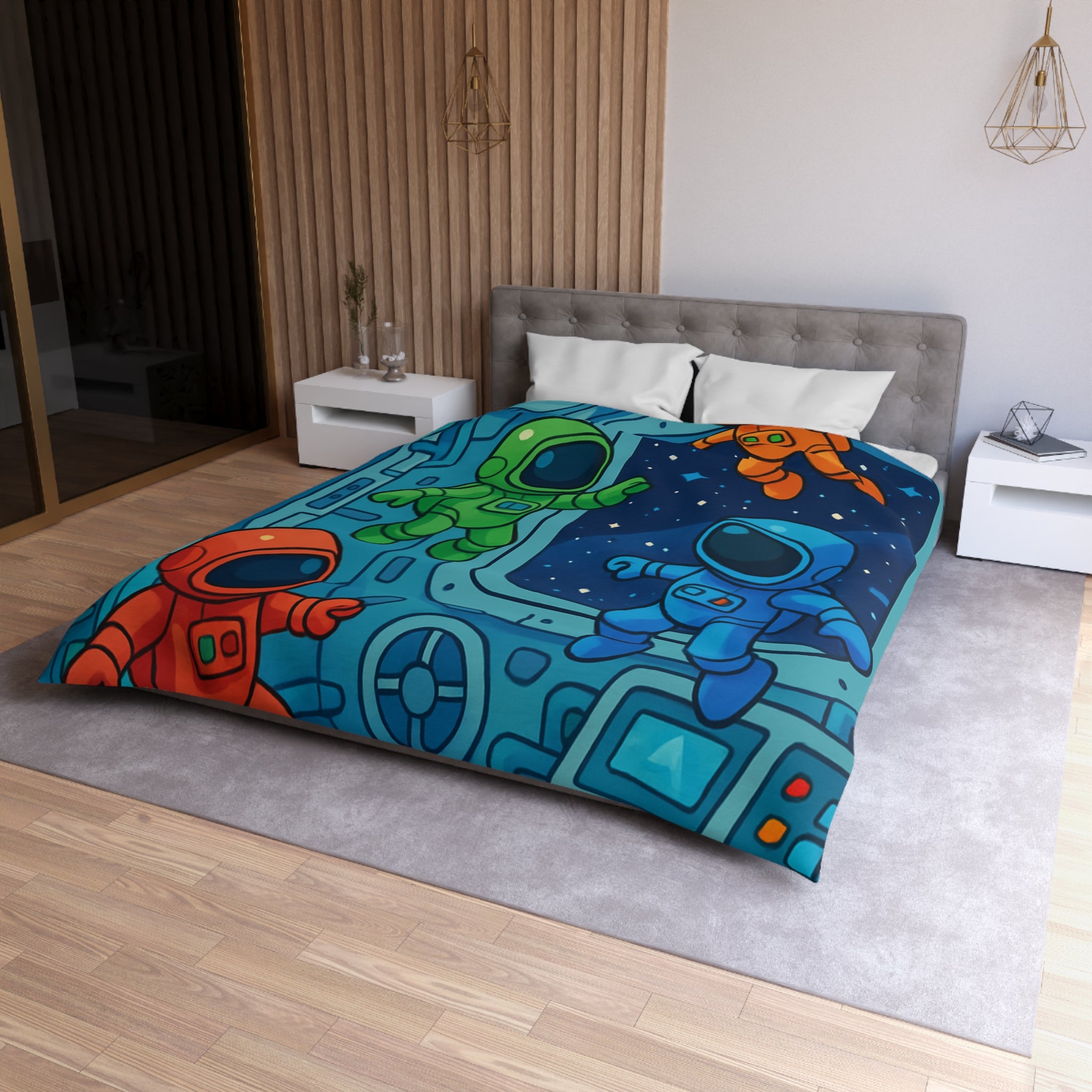 Quatre Astronautes Colorés Flottant Joyeusement Dans Une Station Spatiale Avec Vue Sur Étoiles