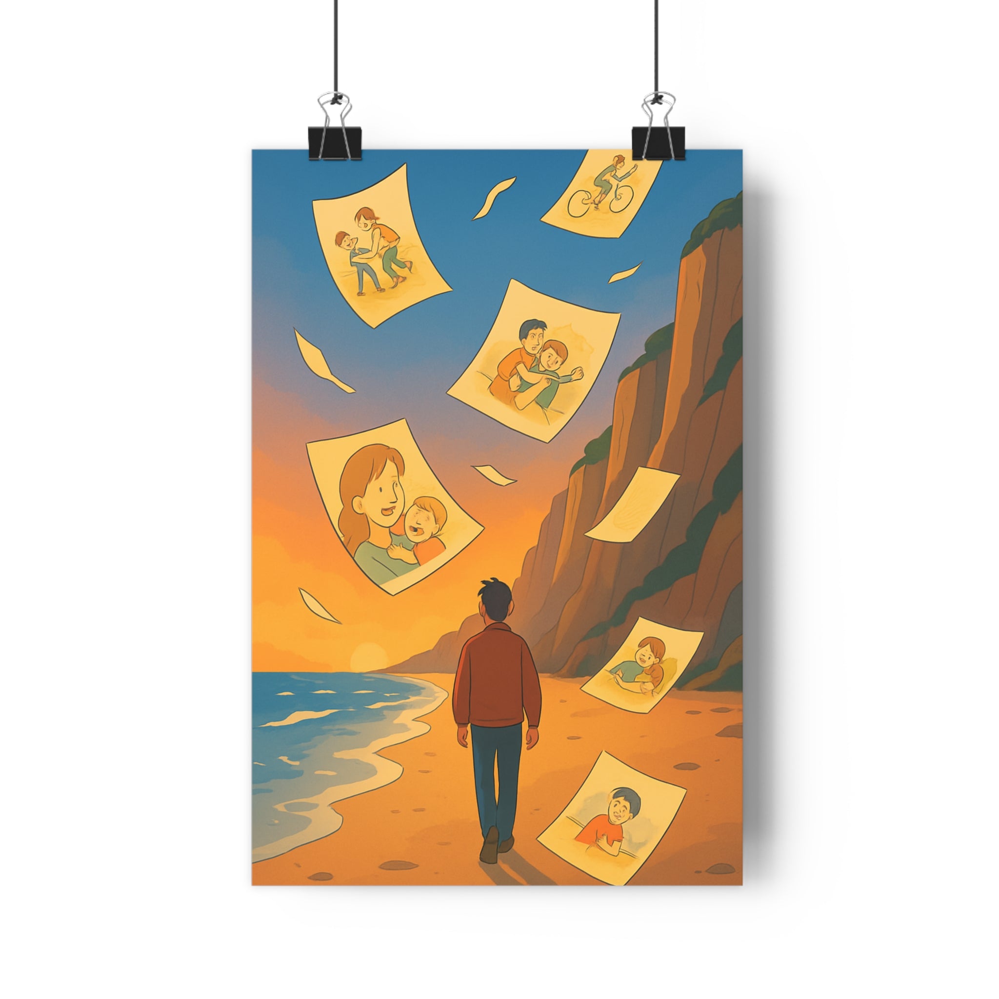 Poster décoratif dessin animé couleurs apaisantes nostalgique serein plage coucher soleil chambre bureau ambiance