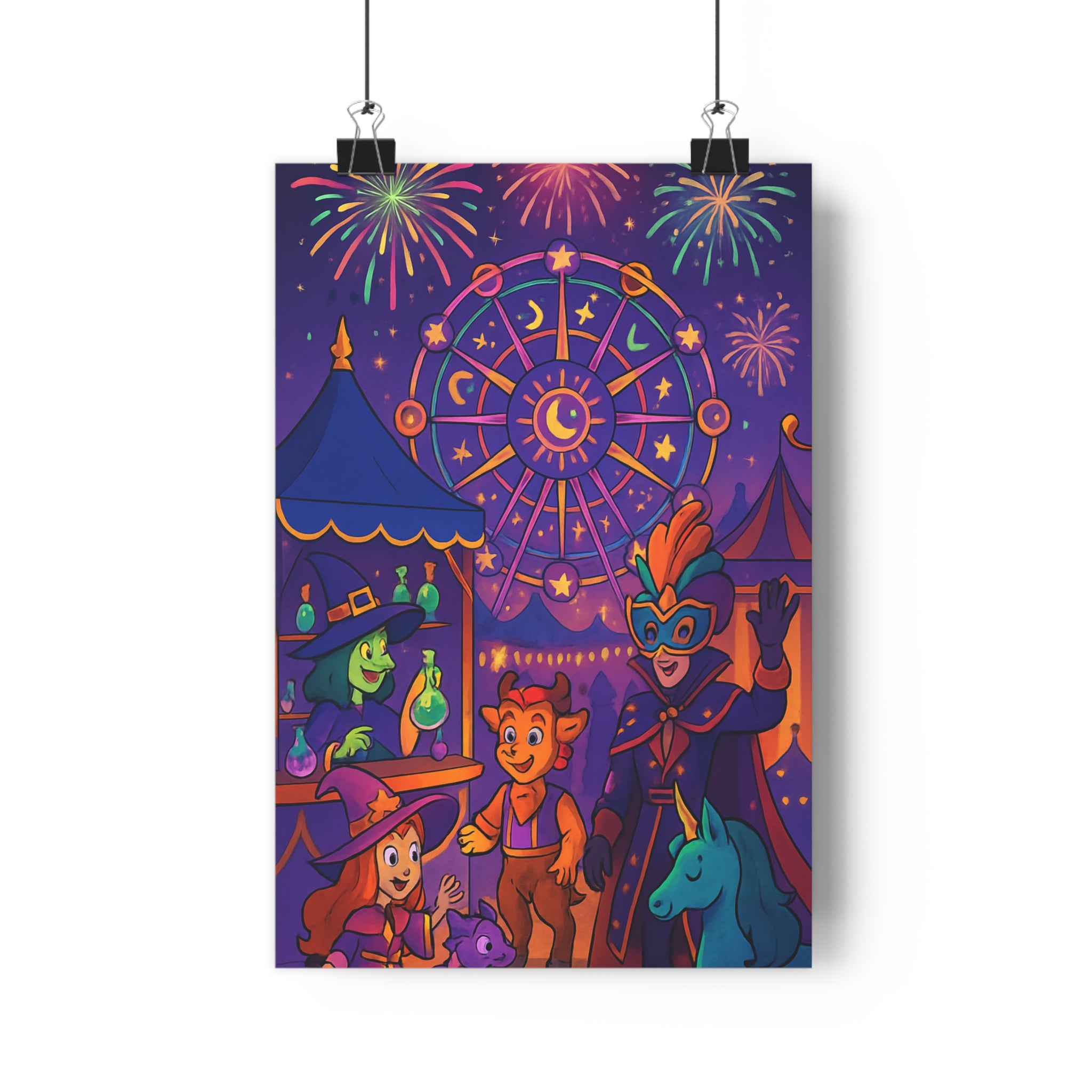 Poster décoratif carnaval enchanté couleurs vives dessin animé joyeux chambre enfant magique ambiance festive