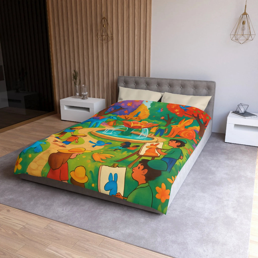 Housse de couette colorée avec animaux fantastiques, enfants et fontaine au parc artistique