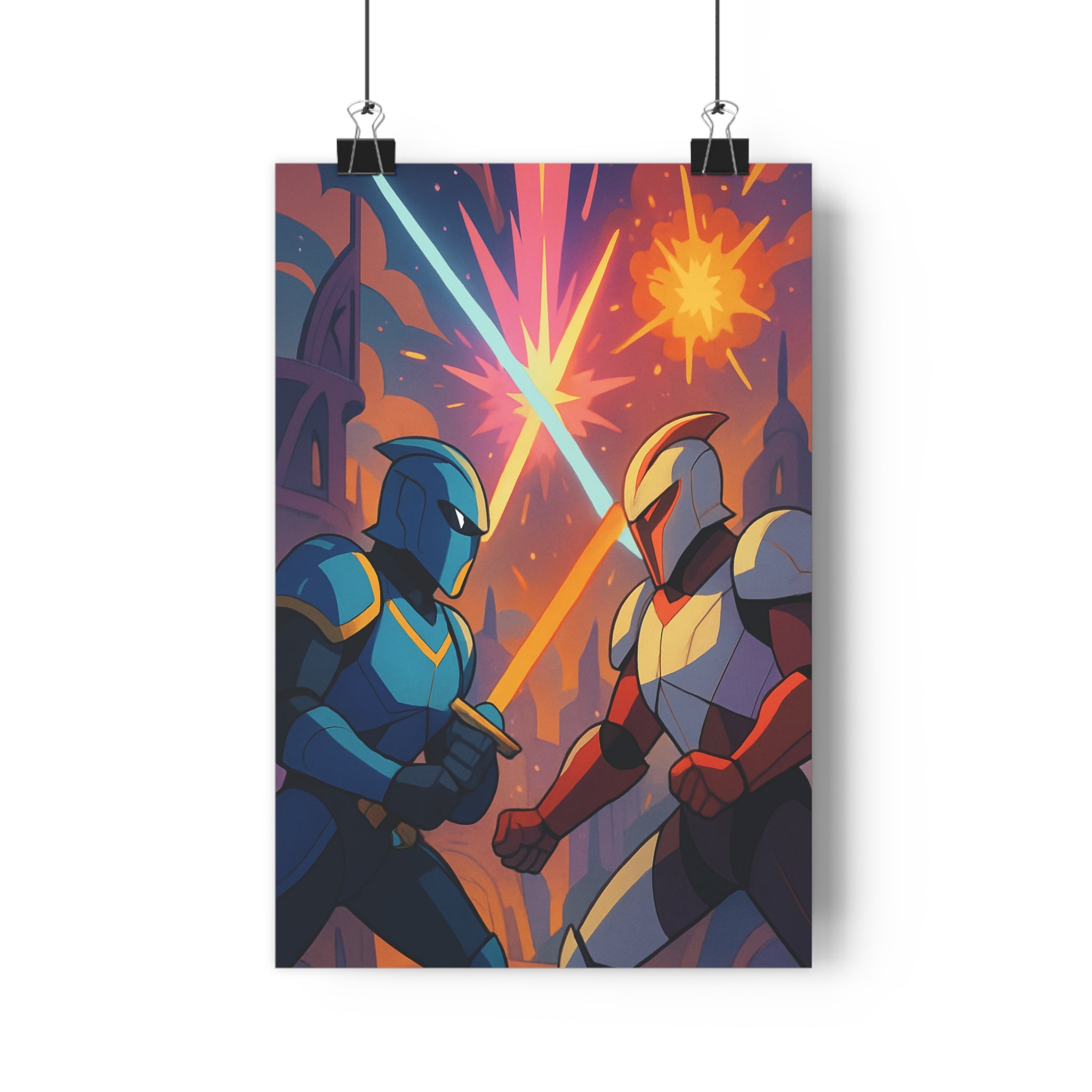 Poster décoratif futuriste chevaliers bleu rouge duel épique animé lumineux chambre salon bureau vibrant