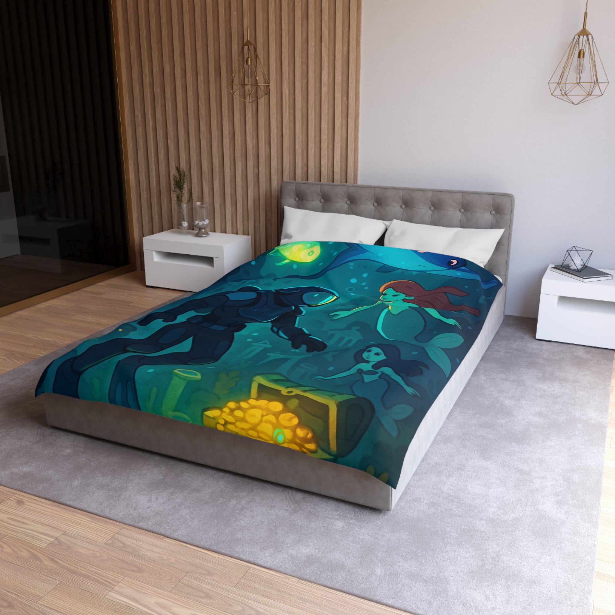 Housse de couette sirène océan magique avec plongeur et trésor lumineux