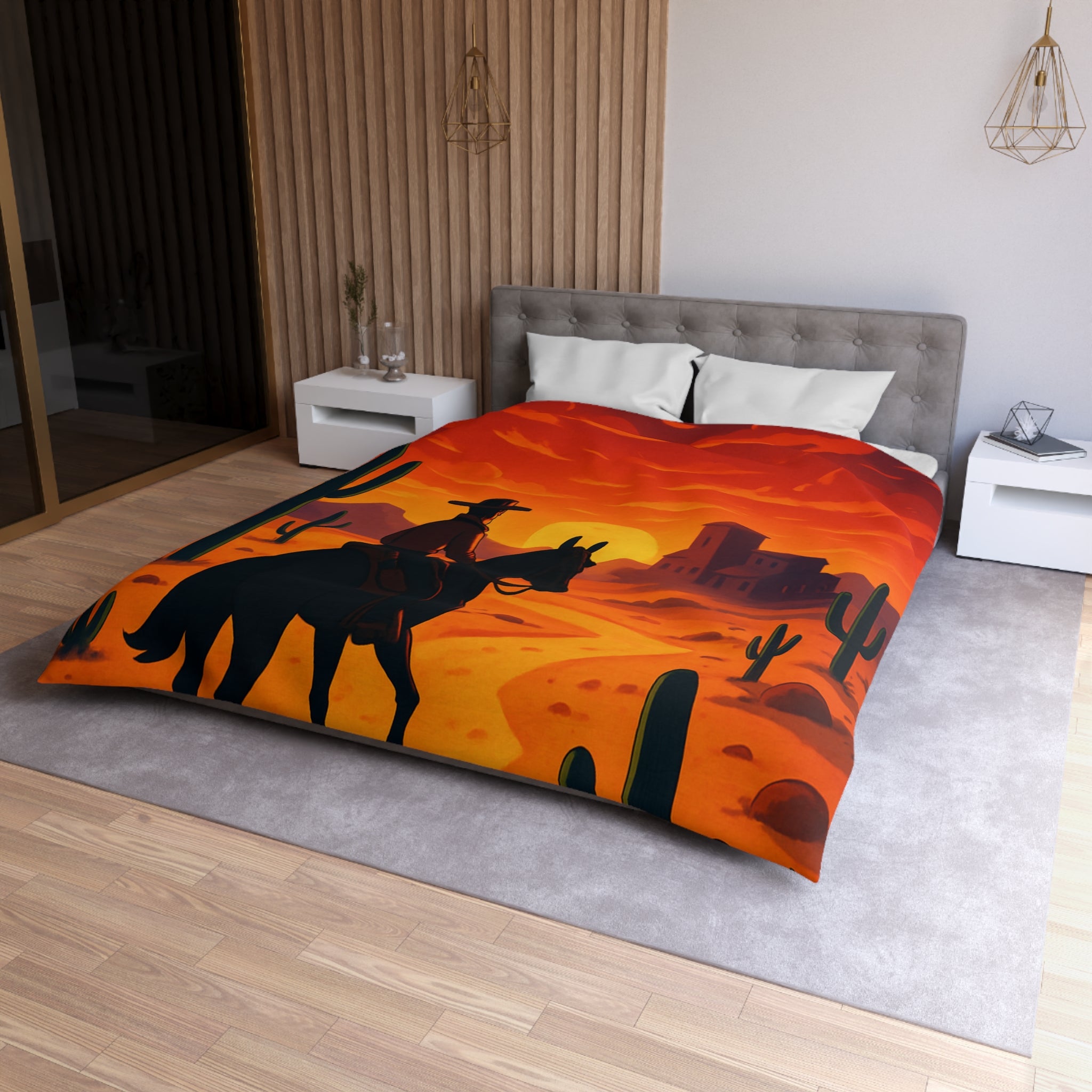 Housse de Couette Stylée Désert Crépusculaire avec Cowboy et Cactus Silhouettes
