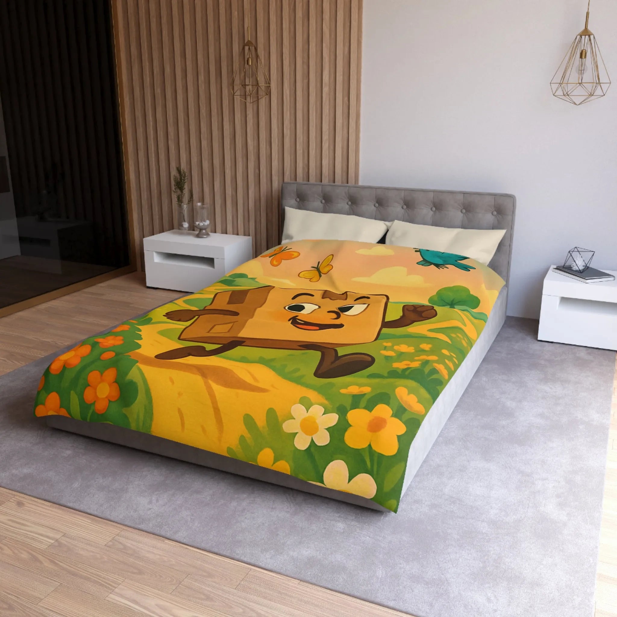 Housse de couette joyeuse avec paysage printanier et boîte sautillante amicale