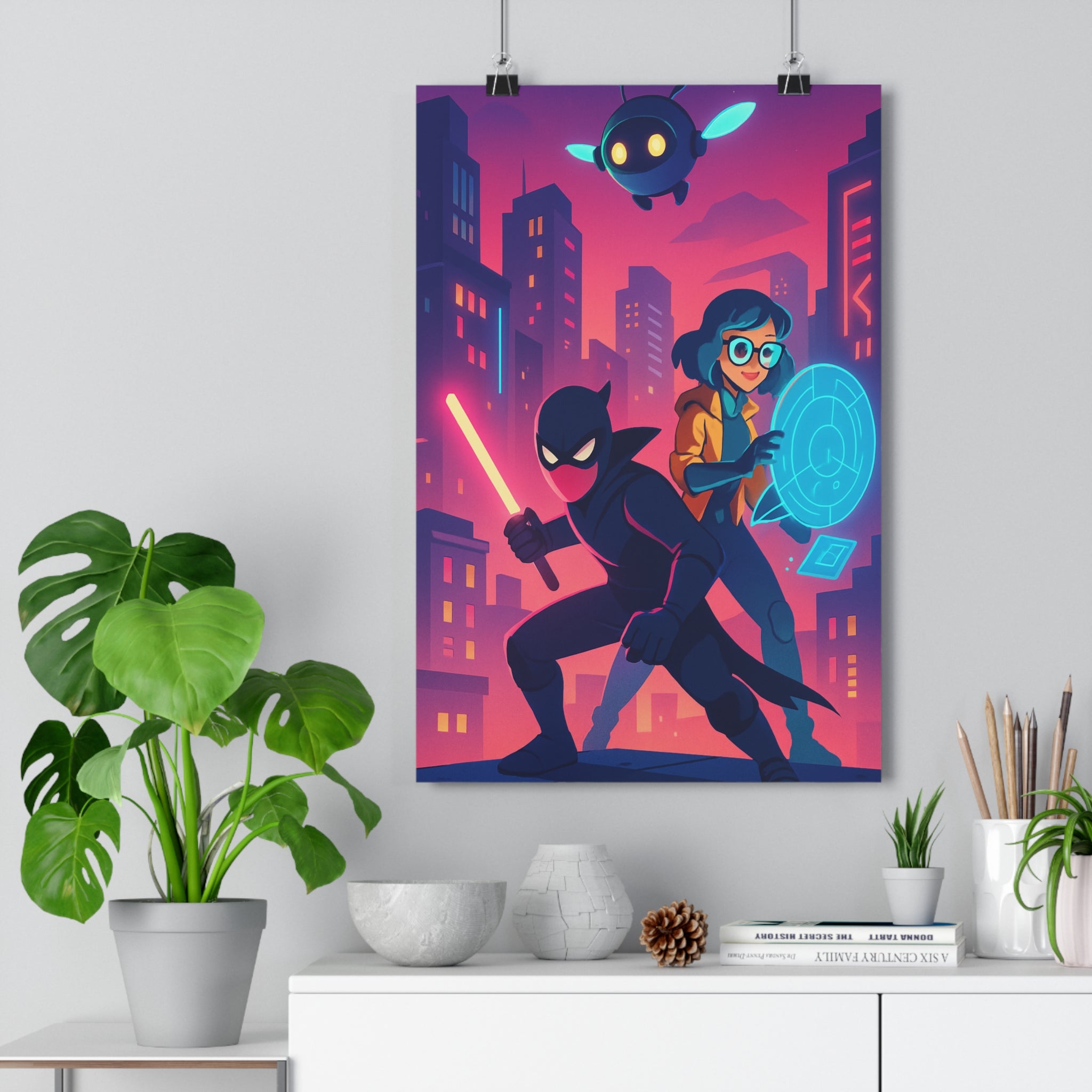 Poster décoratif urbain futuriste violet rose héros robot ville moderne dynamique chambre ambiance qualité