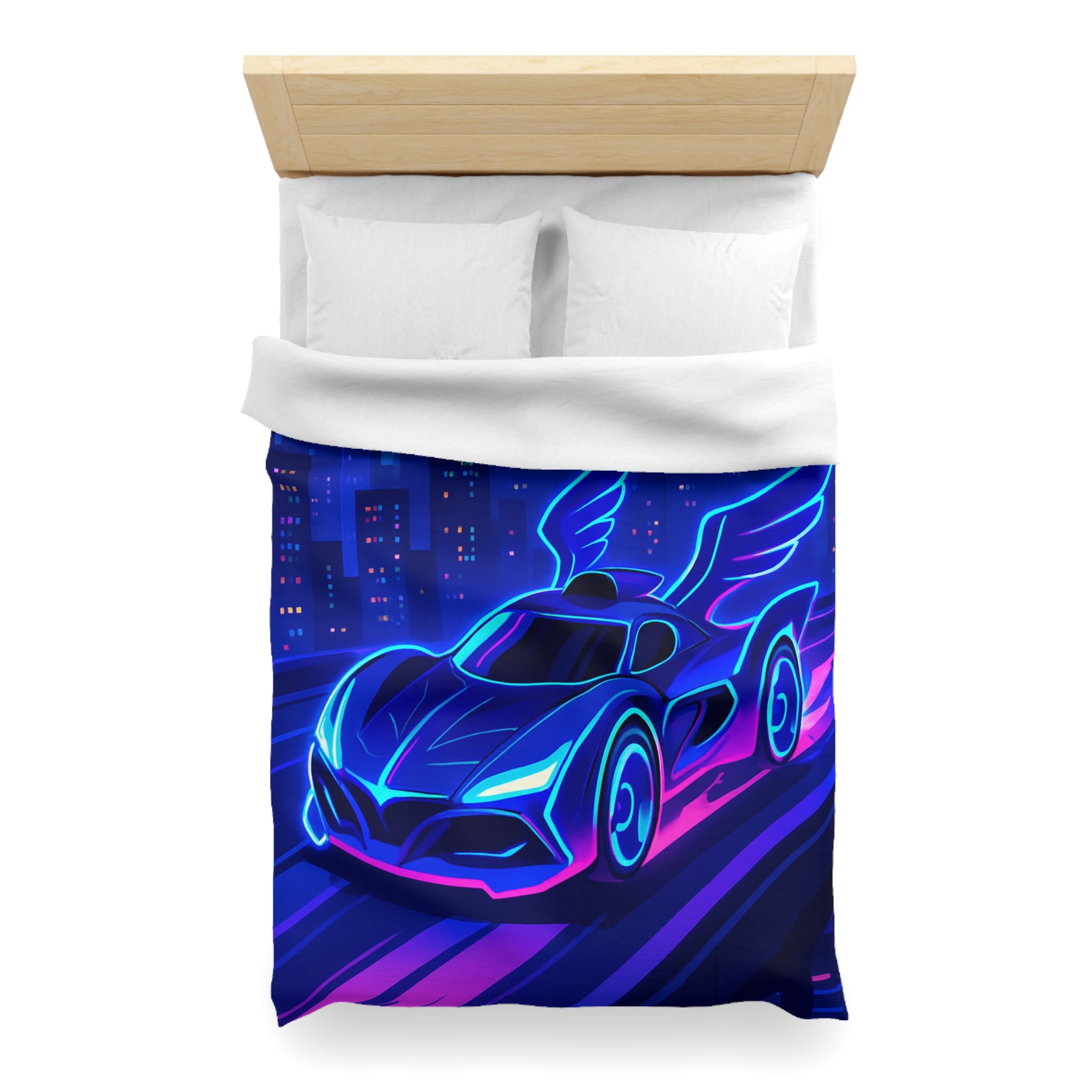 Housse de couette néon voiture futuriste volant dans une ville aux reflets lumineux