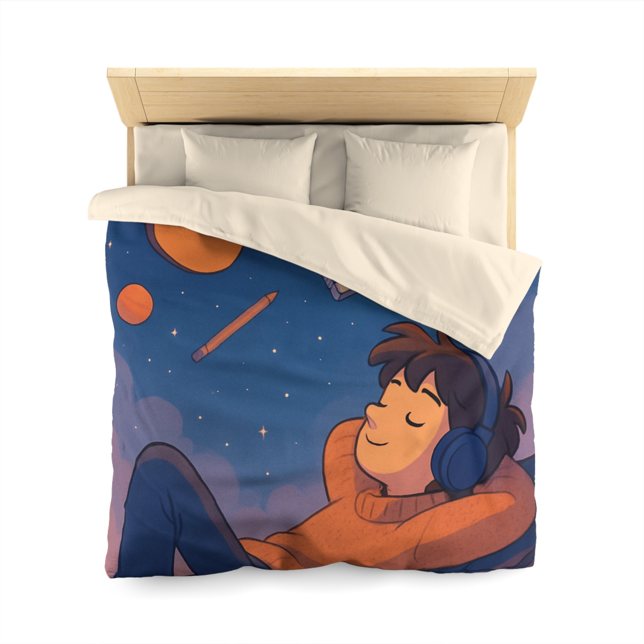 Housse de couette rêve étoilé avec guitare, planètes et rêverie d'artiste