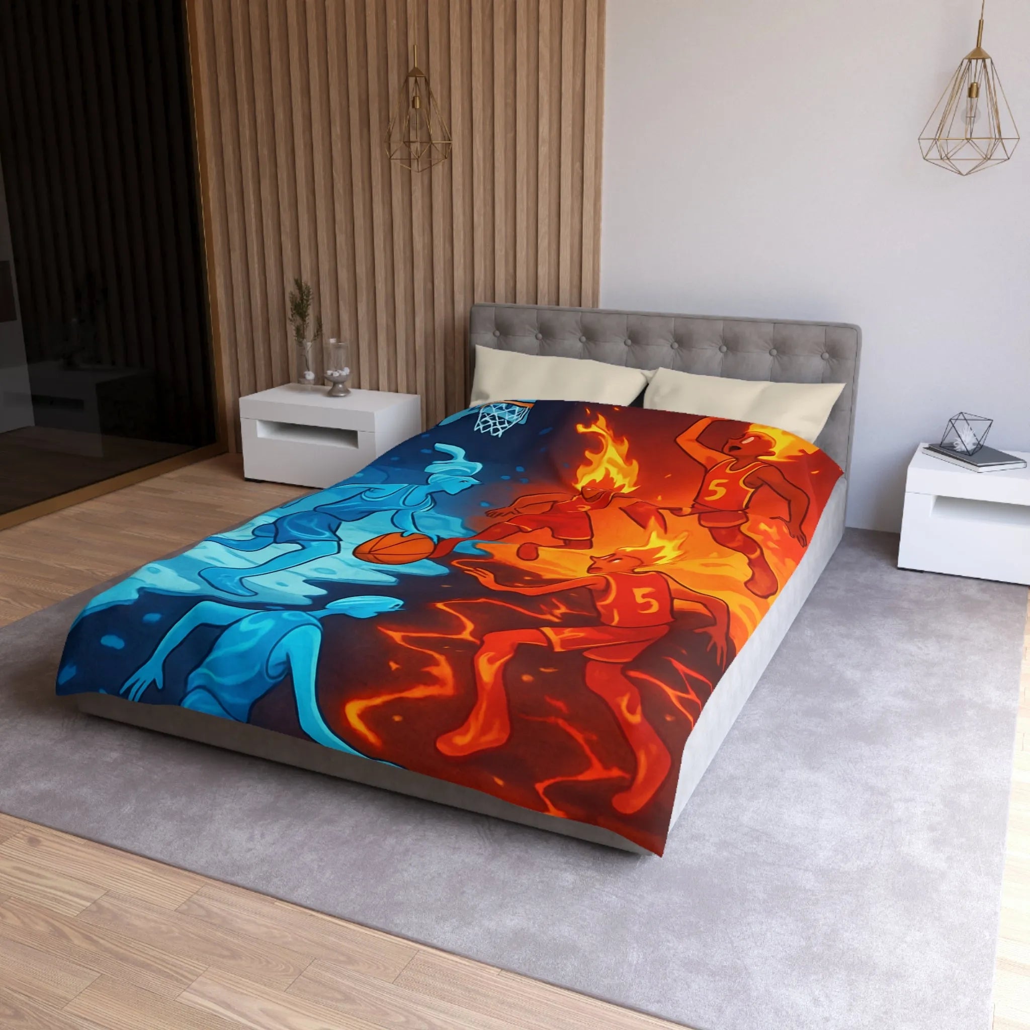 Housse de couette avec design artistique de basketball feu et glace spectaculaire