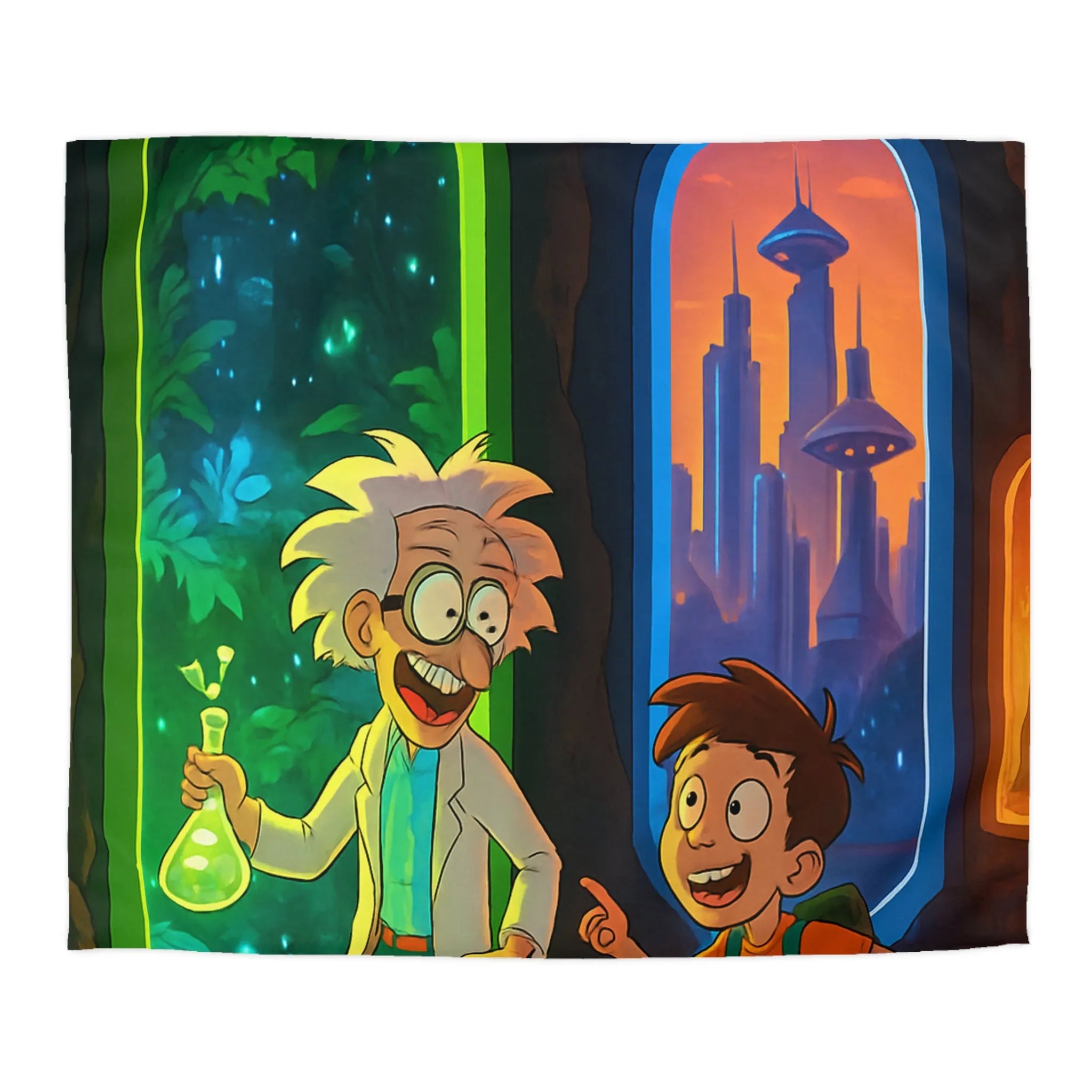 Housse de couette aventure scientifique avec portail vers forêt et ville futuriste colorée