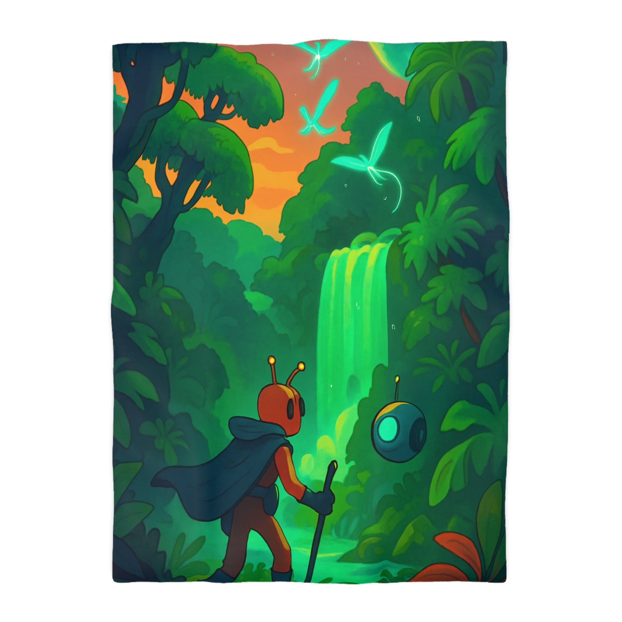 Housse de couette vibrante avec paysage extraterrestre mystérieux et personnage aventurier