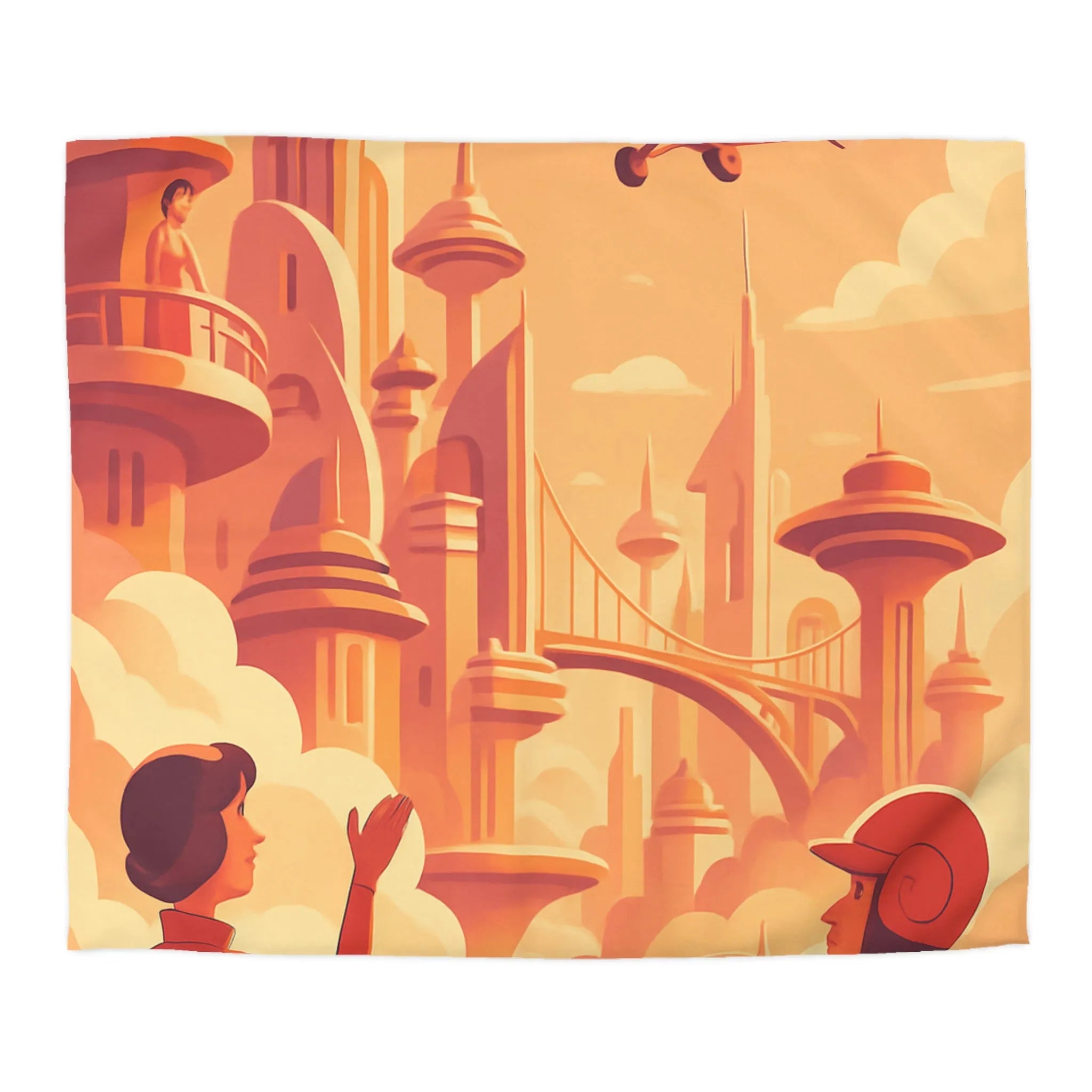 Housse de Couette Art Déco Futuriste avec Avion dans Ciel Orange et Ville Flottante