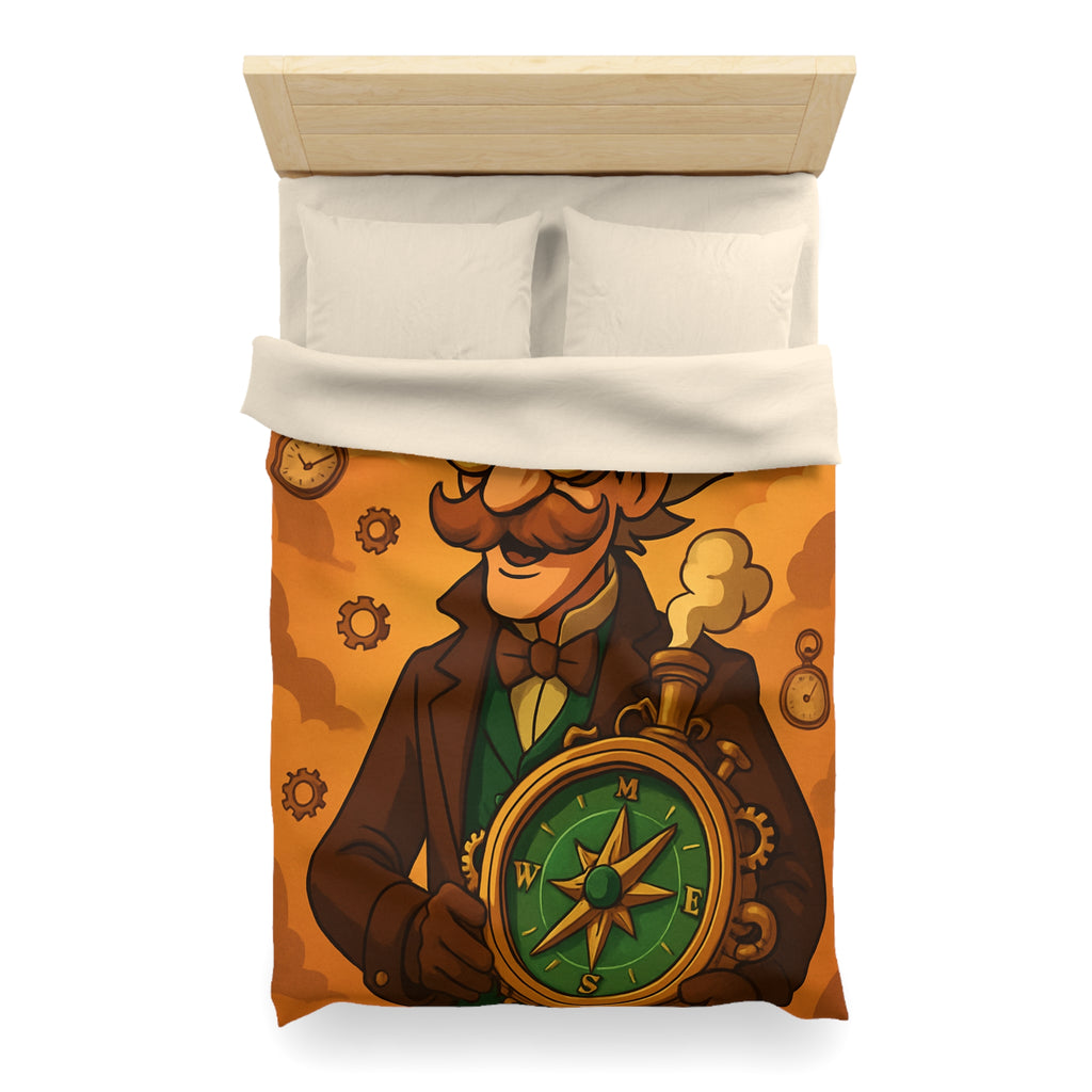 Housse de Couette Steampunk Vintage avec Boussole, Savant et Montgolfières sur Fond Sépia