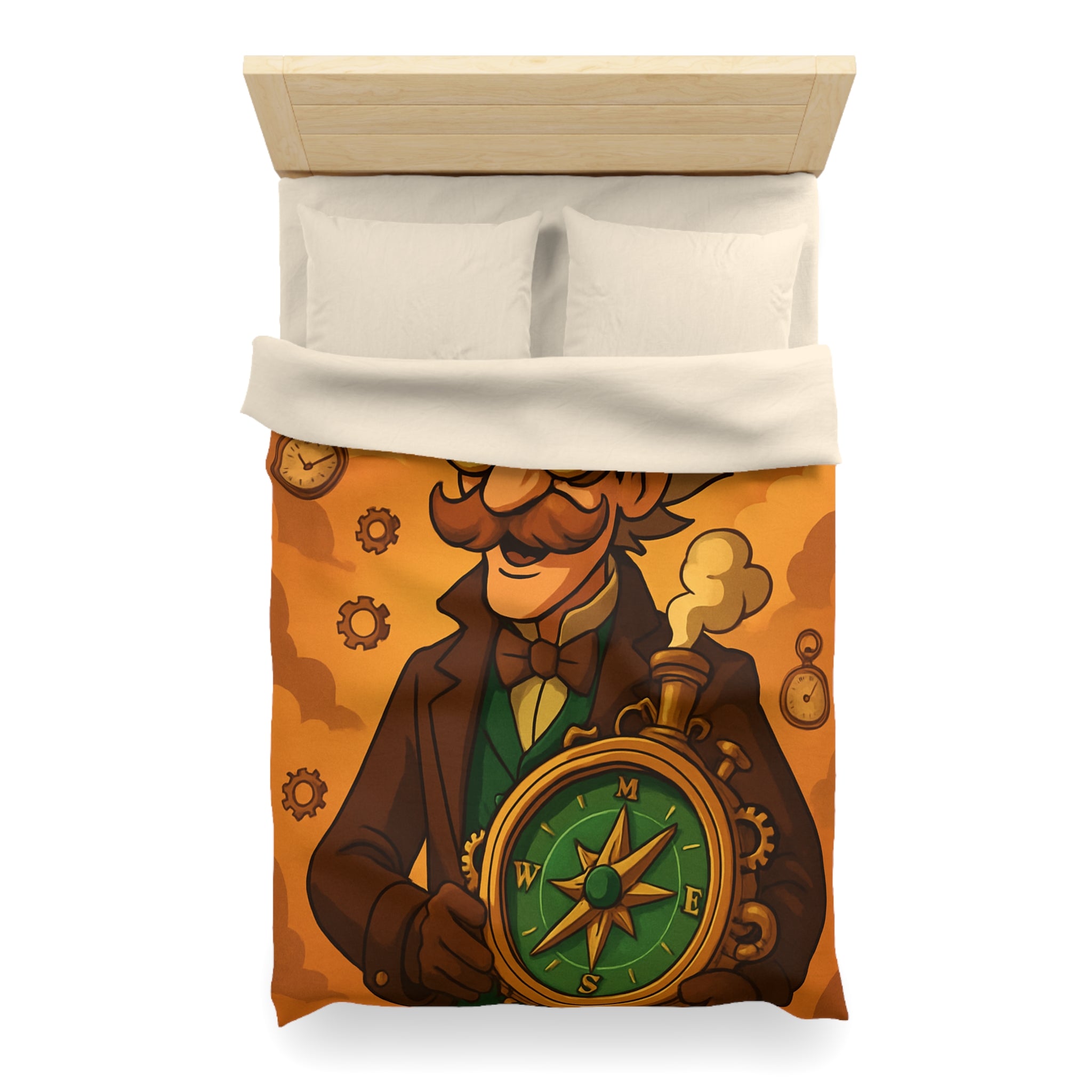 Housse de Couette Steampunk Vintage avec Boussole, Savant et Montgolfières sur Fond Sépia