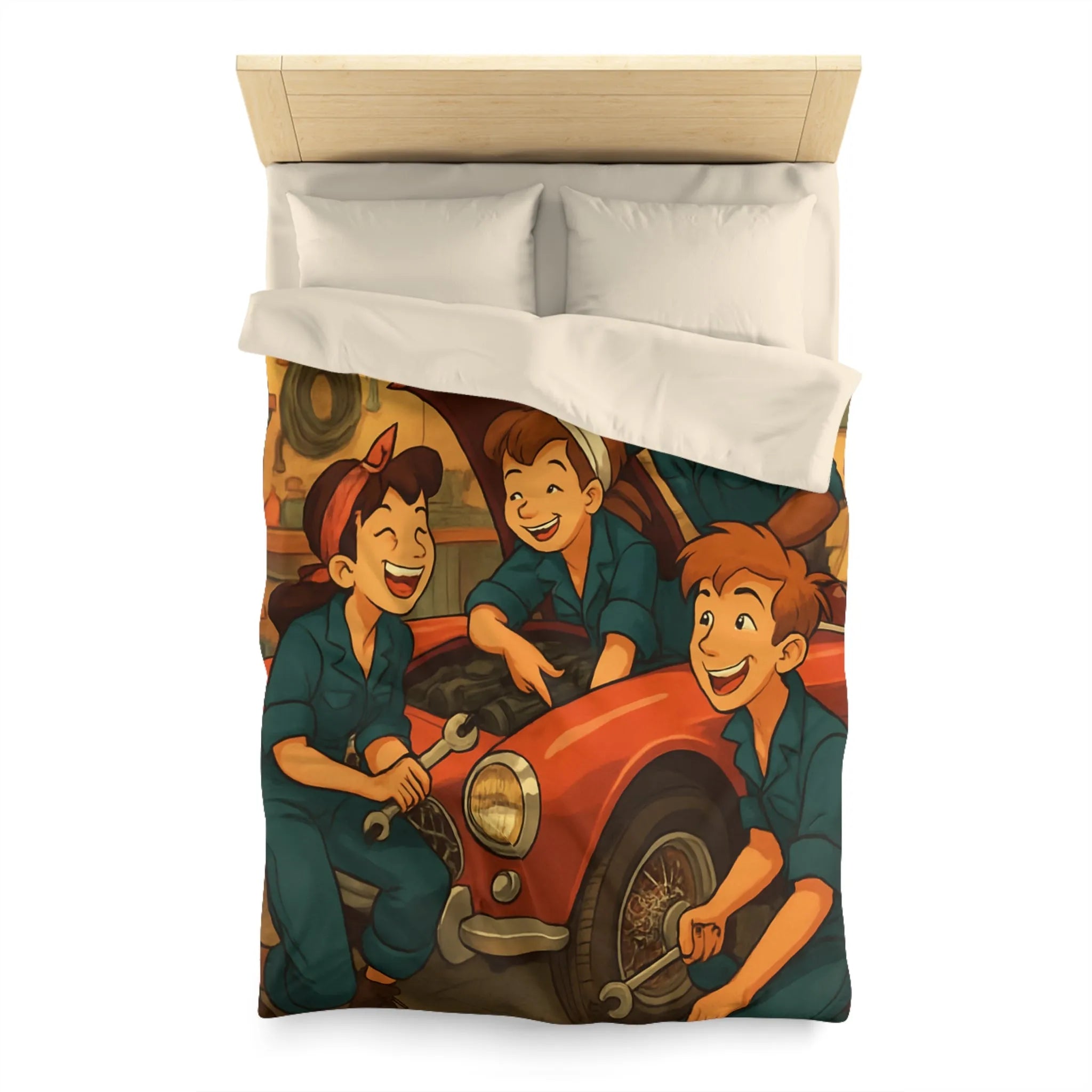 Housse de couette atelier mécanique vintage avec jeunes mécaniciens et voiture rouge joyeuse