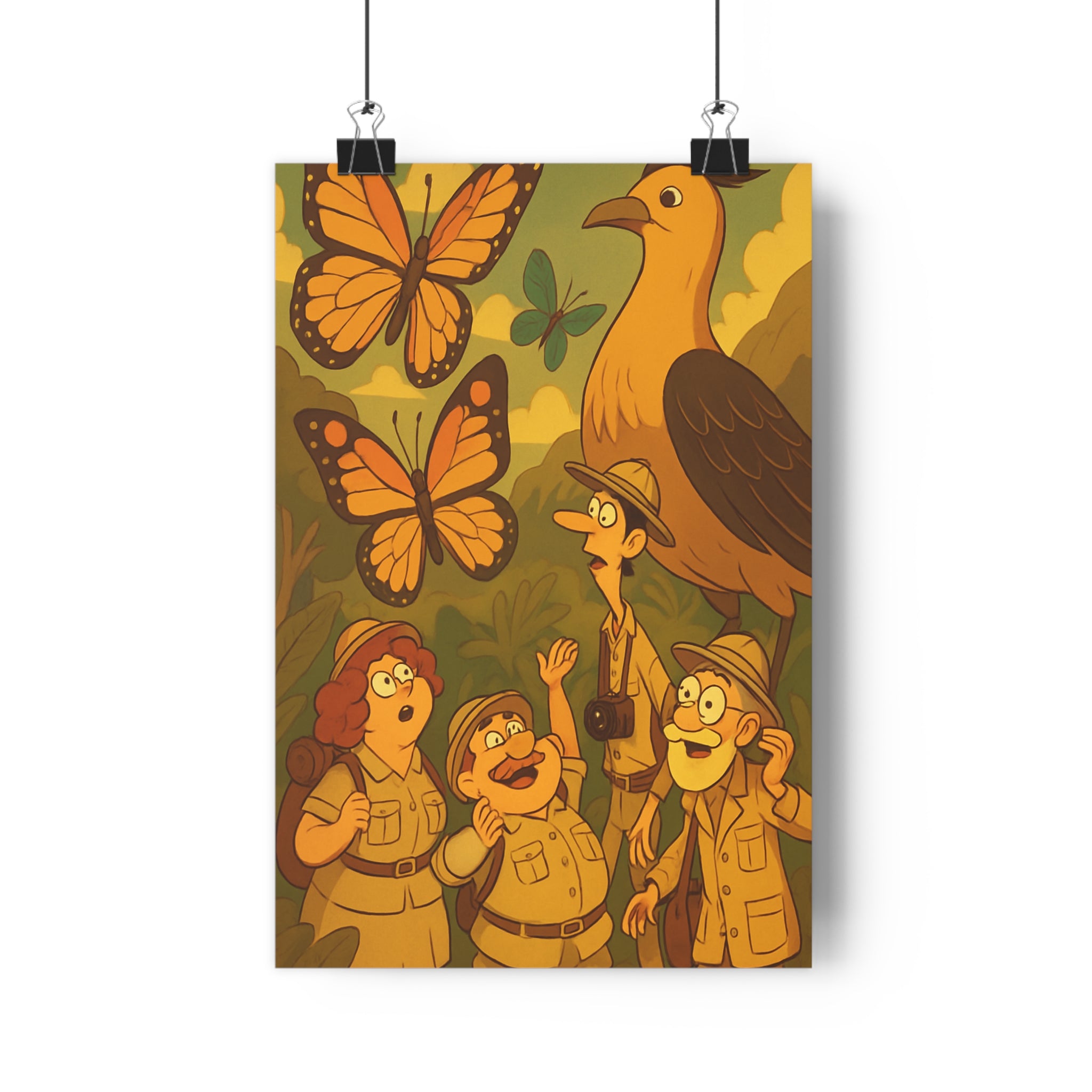 Poster décoratif cartoon aventure jungle vert orange chambre enfant explorateurs nature style épique vibrant