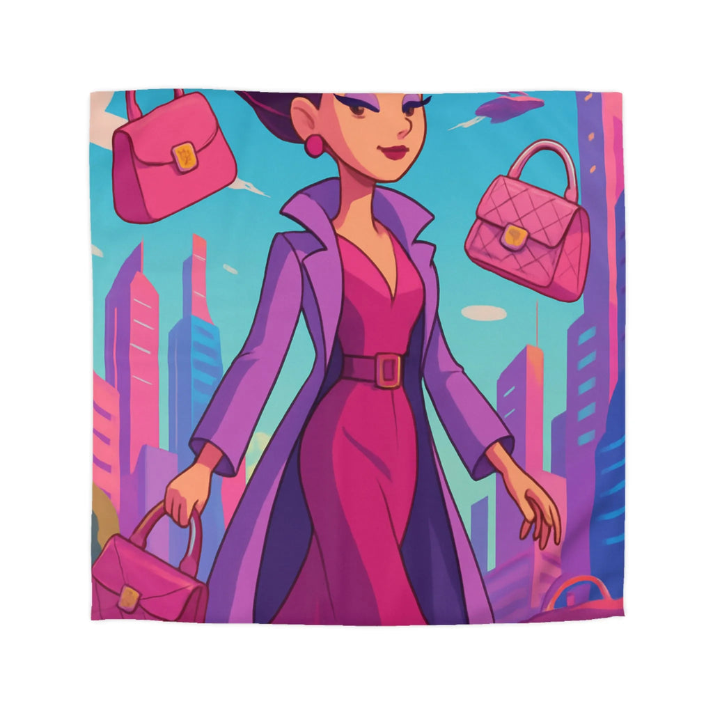 Élégante illustration urbaine rétro-futuriste avec personnage glamour et accessoires stylés en rose