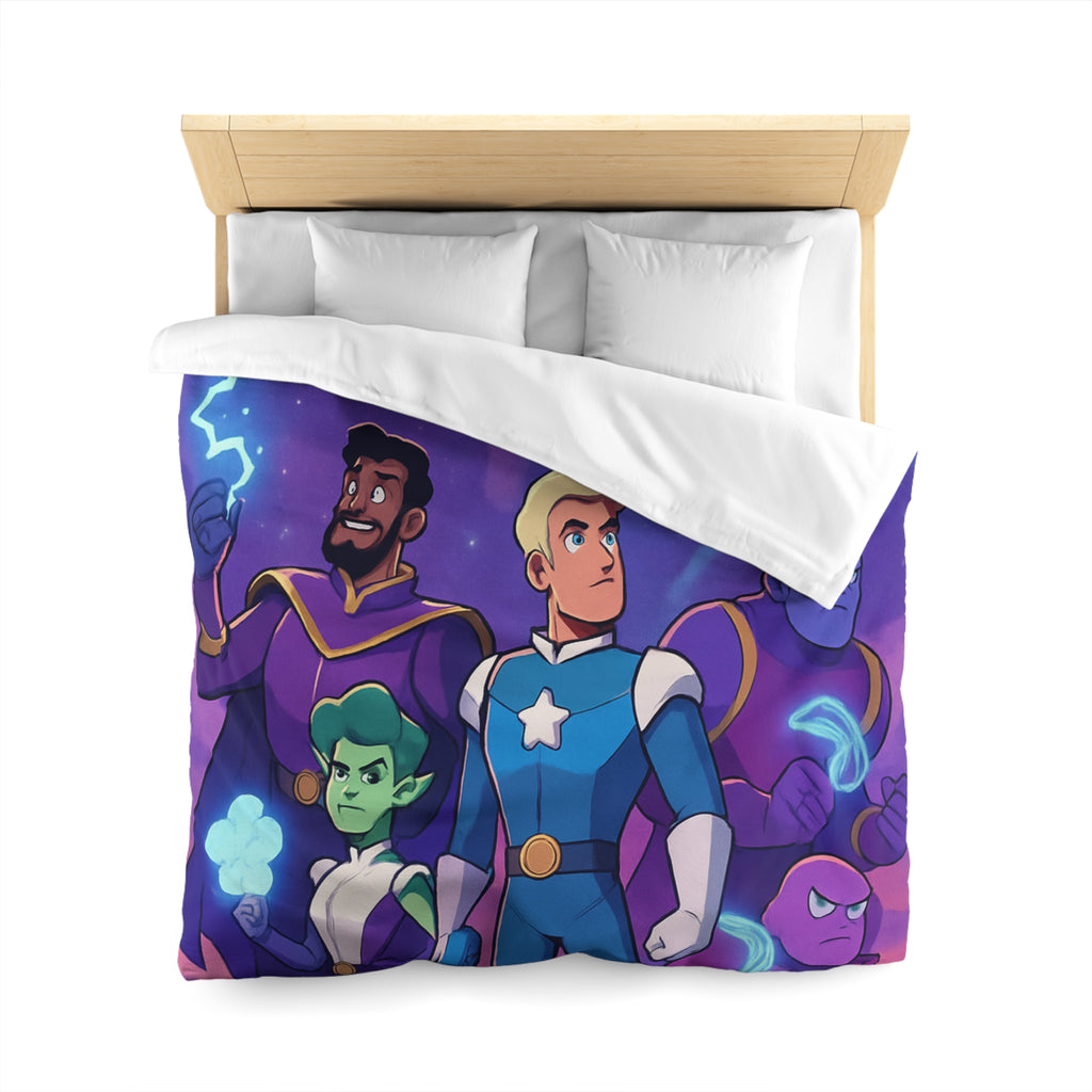 Housse de couette spatiale avec héroïques personnages animés sous vaisseau intergalactique étoilé