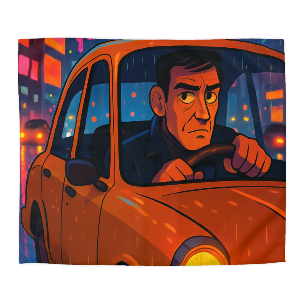 Illustration Nocturne Métropole avec Chauffeur de Taxi sous Pluie pour Housse de Couette