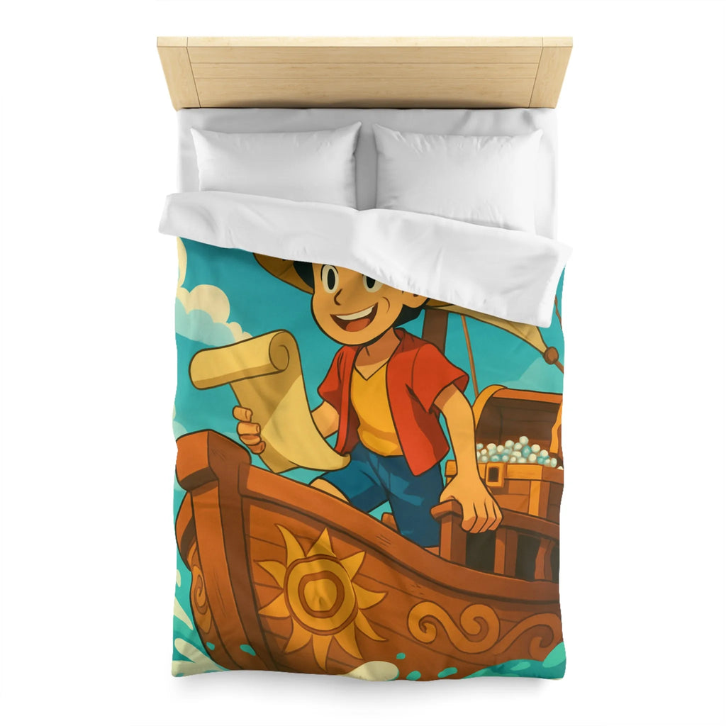 Douce housse de couette enfant motif pirate joyeux en bateau sur vagues bleues