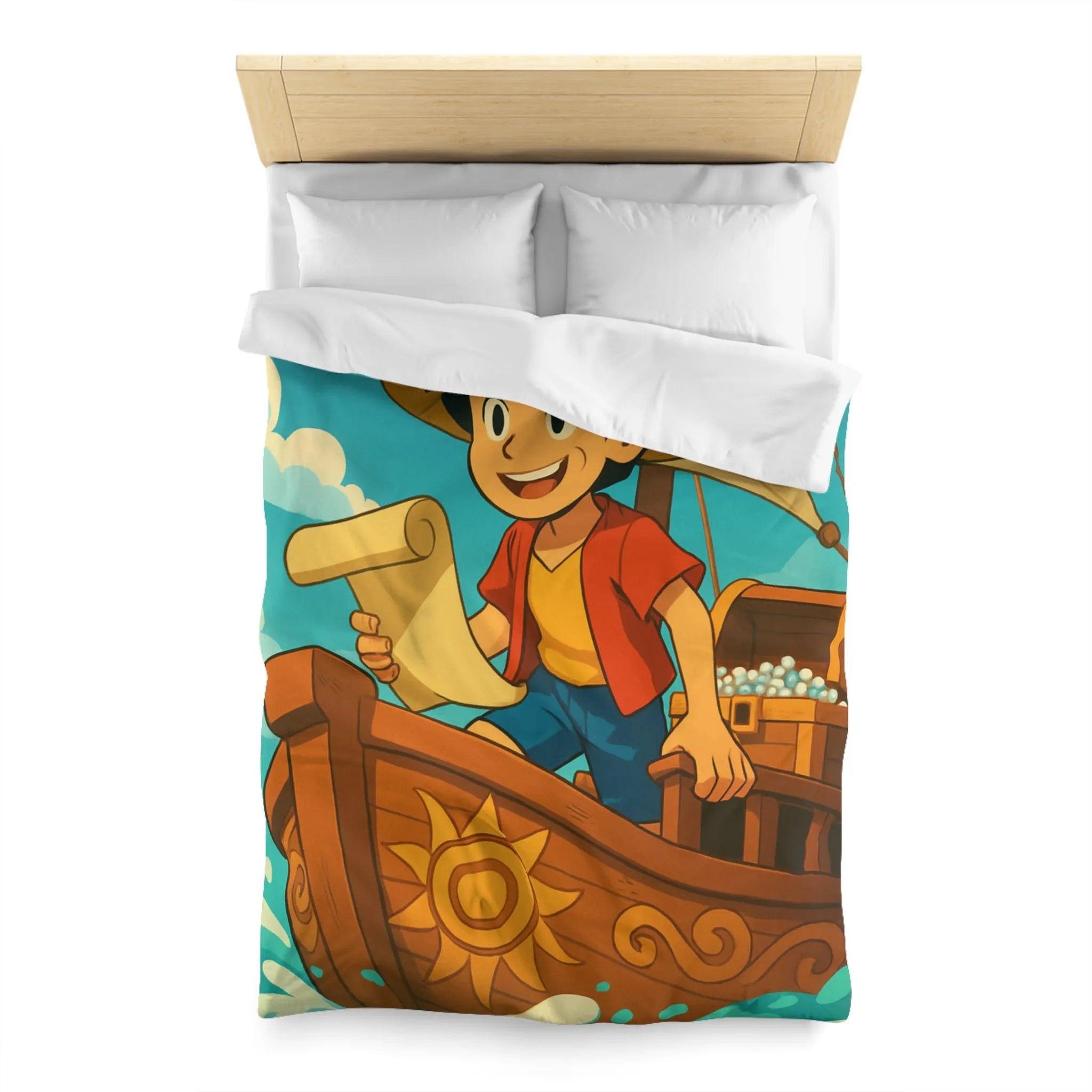 Douce housse de couette enfant motif pirate joyeux en bateau sur vagues bleues