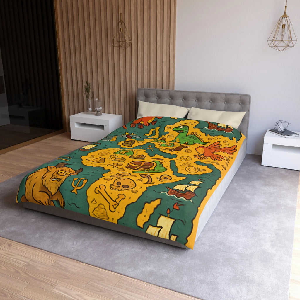 Housse de couette carte imaginaire avec dragons, dinosaures et trésors pour enfants aventuriers