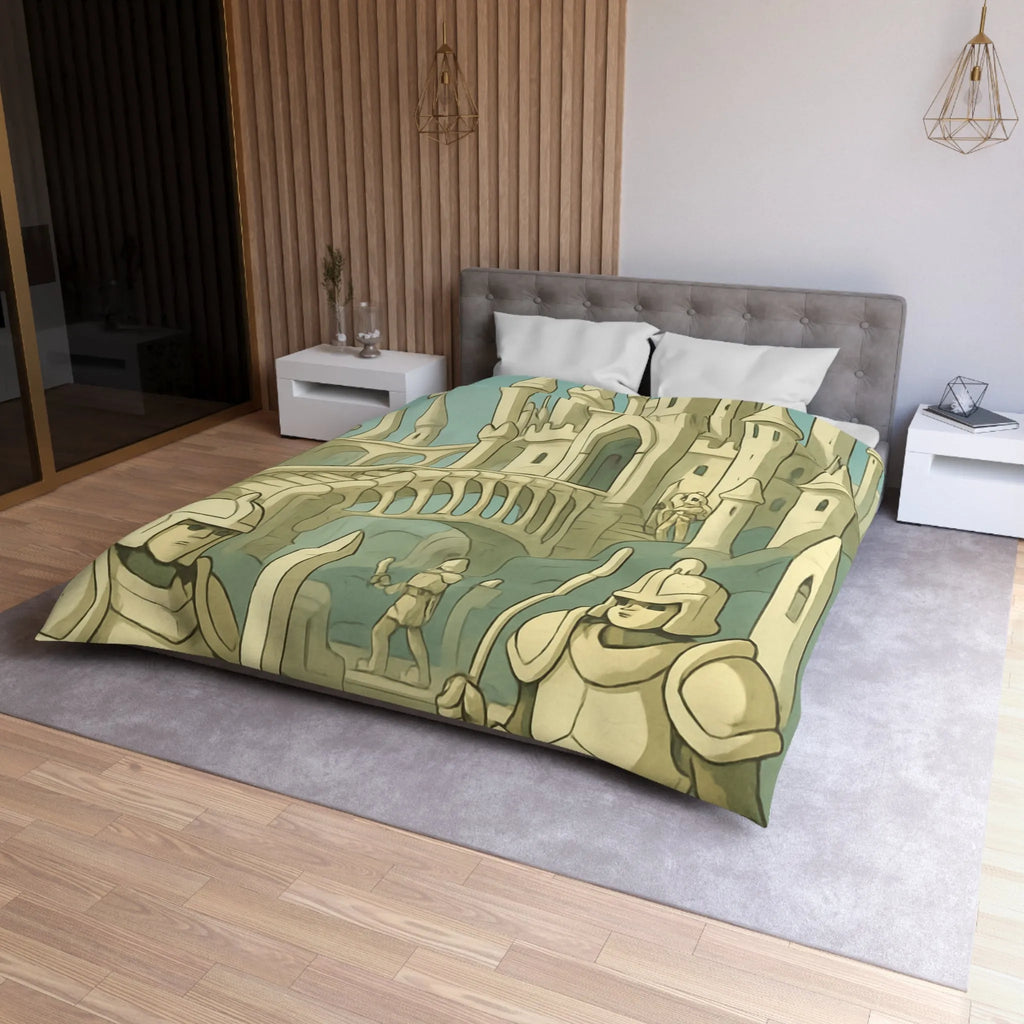 Housse de couette médiévale illustrée avec château crâne et chevaliers en armure