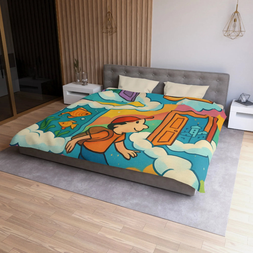 Housse de couette colorée avec portes magiques, nuages et aventure pour enfants rêveurs