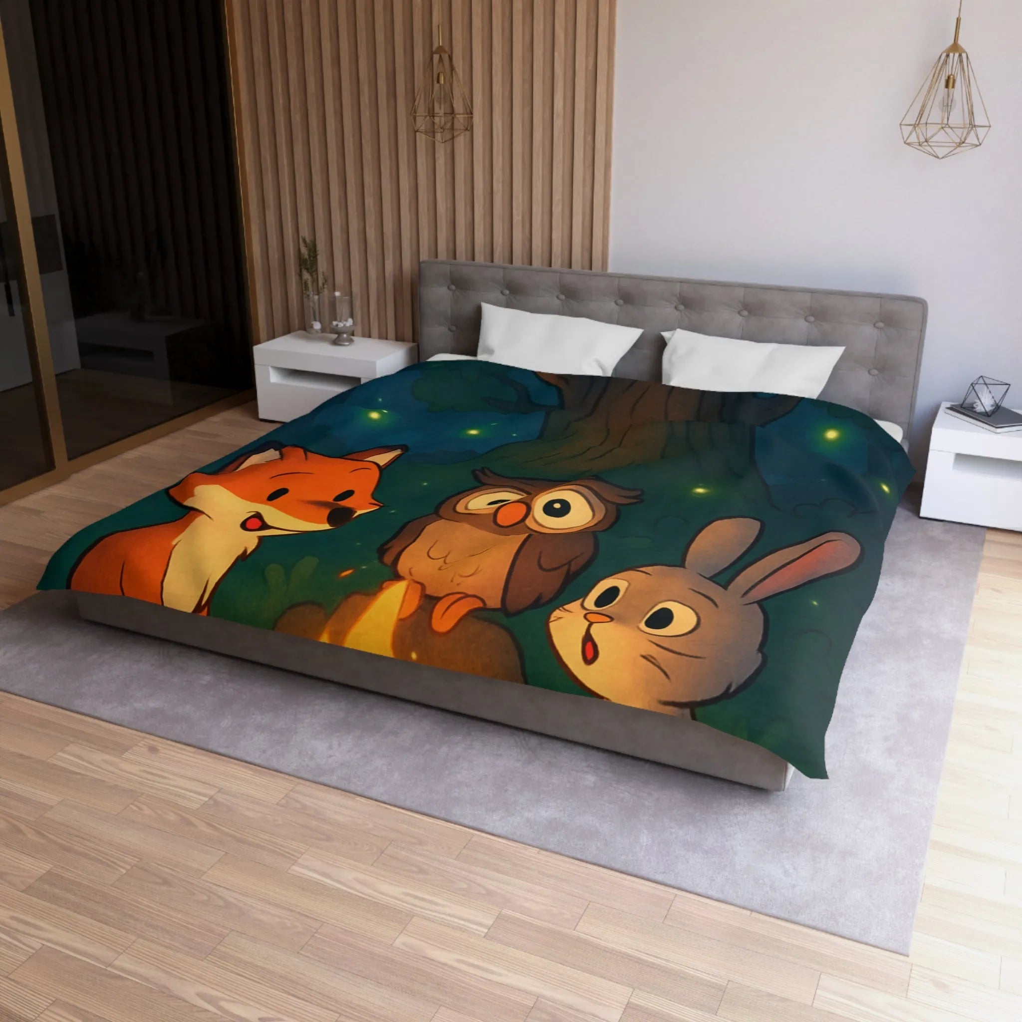 Housse de couette forêt mystique animaux autour du feu sous ciel étoilé magique