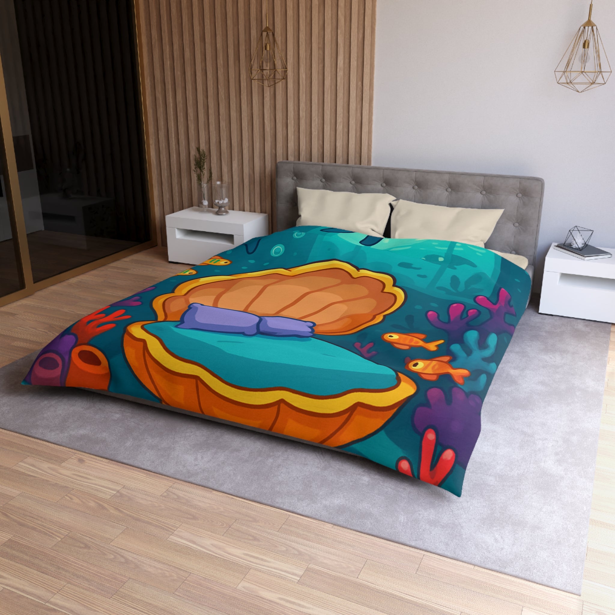 Housse de couette thème sous-marin avec dauphin, coquillage et barrières de corail colorées