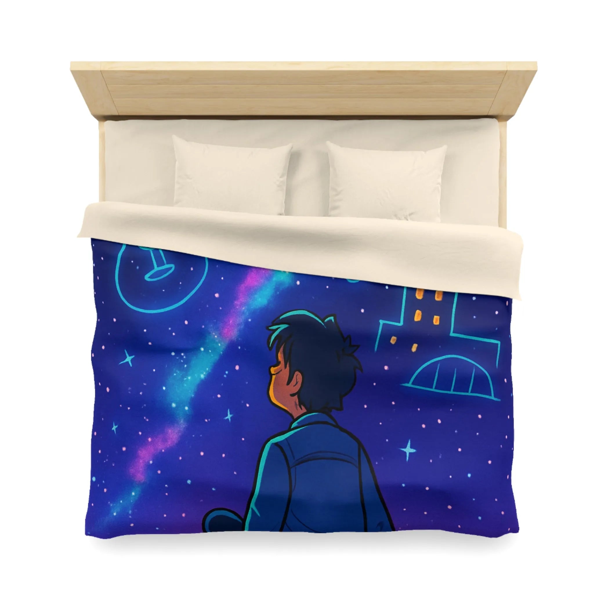 Housse de couette ciel étoilé avec rêveur contemplant silhouettes de musique et ville
